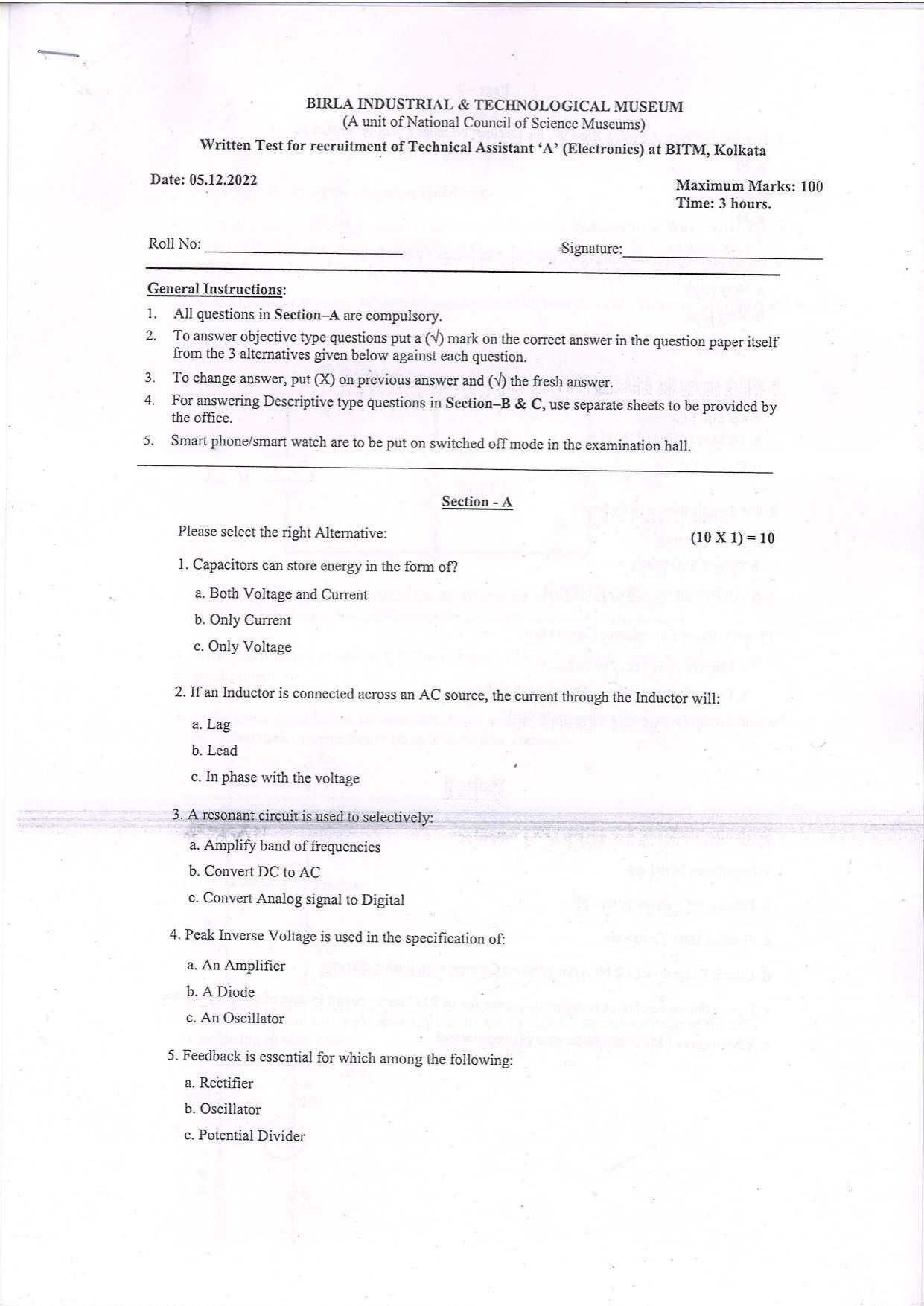 Question Paper of  Technical Assistant ‘A’ (Electronics) at BITM, Kolkata (Advertisement No. 4/2022) - Page 1