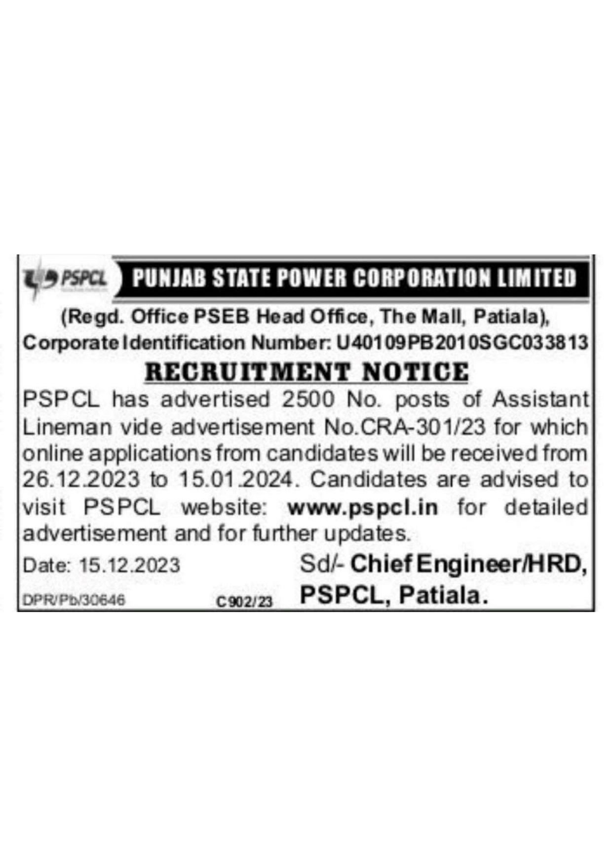 PSPCL 2500 Assistant Lineman Recruitment 2023 - Page 1