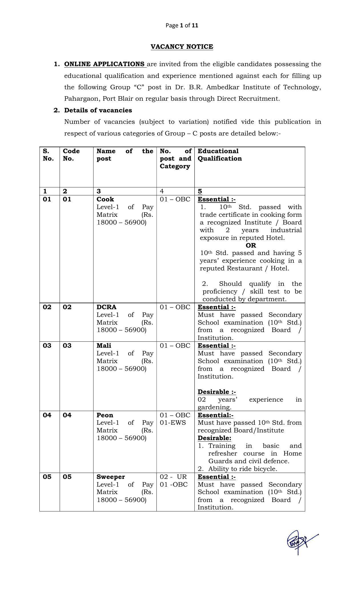 Andaman & Nicobar Administration Invites Application for 8 Cook, Mali, More Vacancies Recruitment 2022 - Page 1