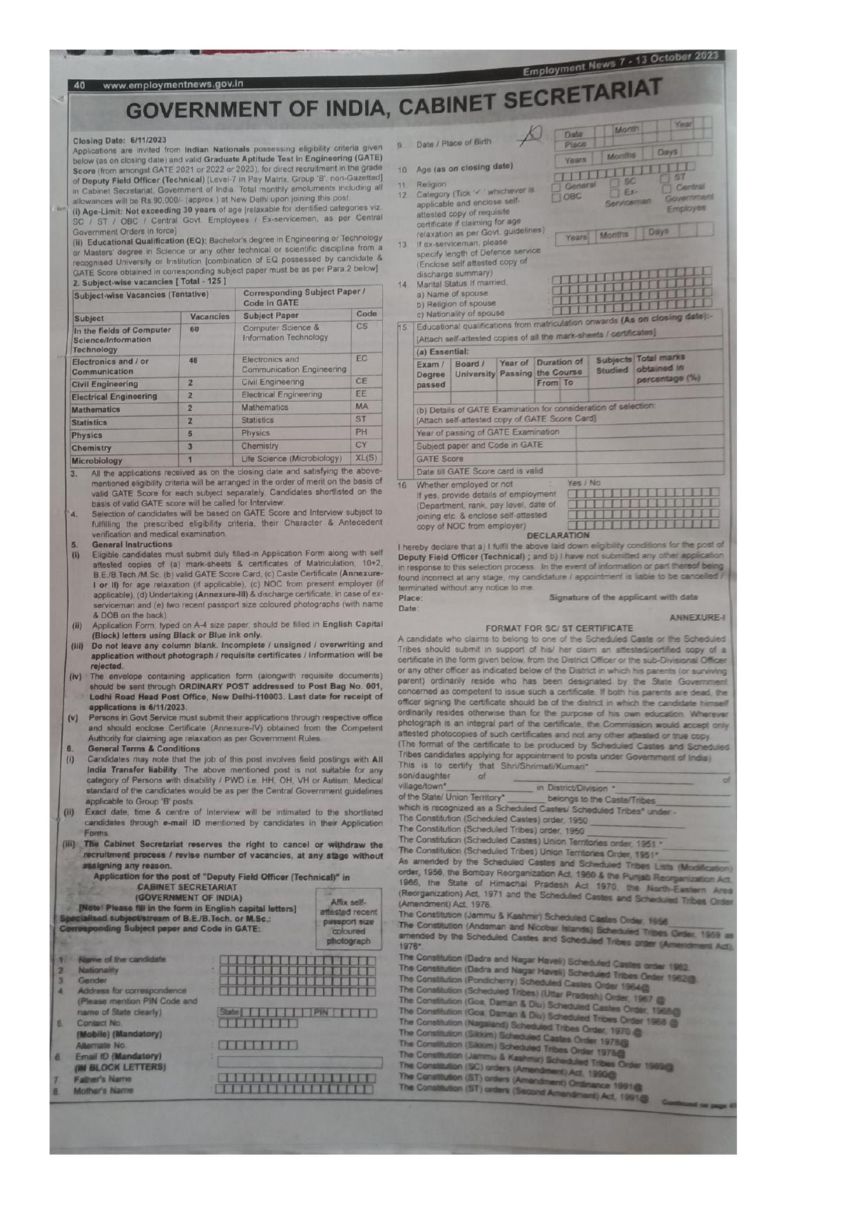 Cabinet Secretariat Deputy Field Officer (Technical) Recruitment 2023 - Page 1