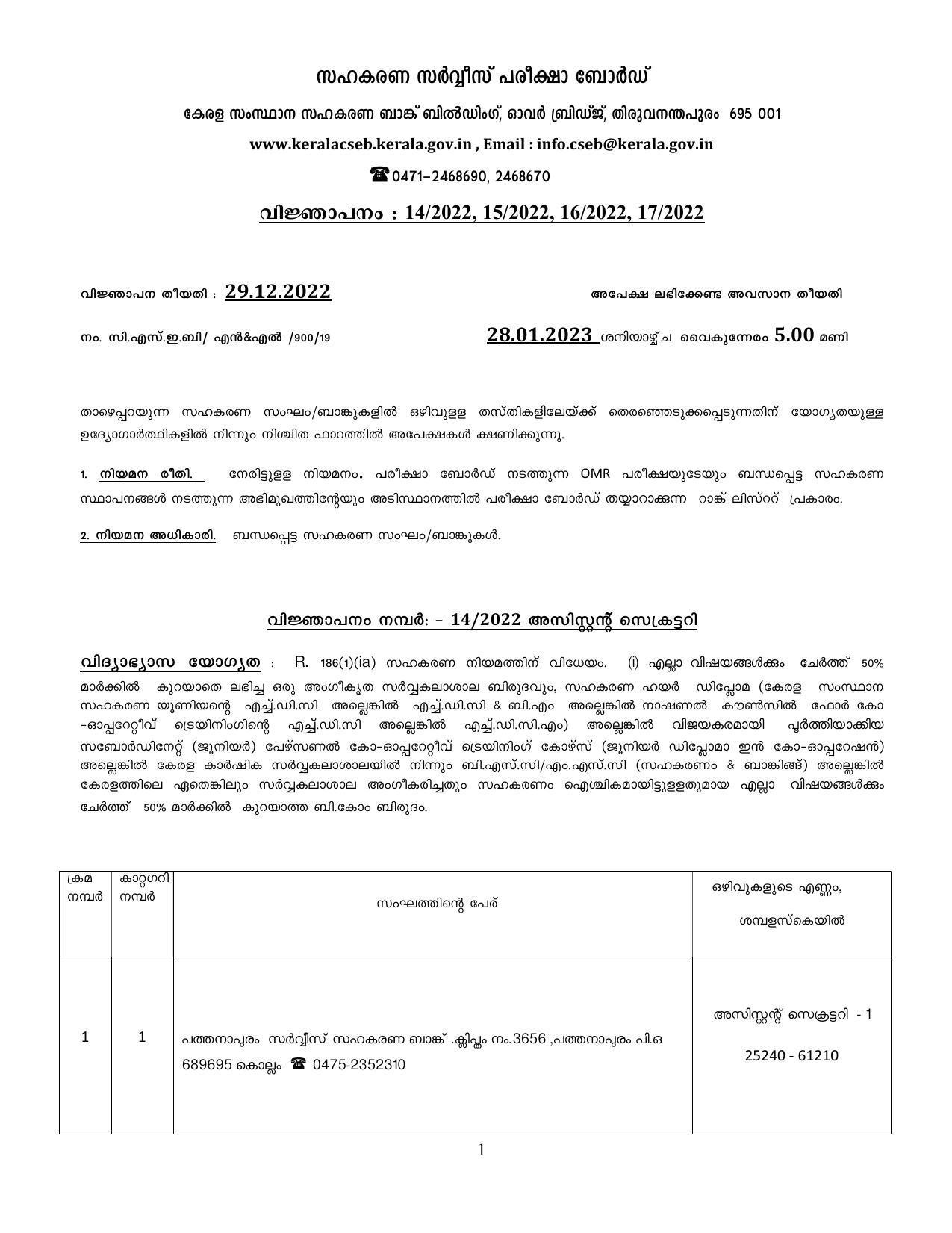 CSEB Kerala Invites Application for 122 Assistant Secretary/ Chief Accountant, Junior Clerk/ Cashier, More Vacancies Recruitment 2023 - Page 1