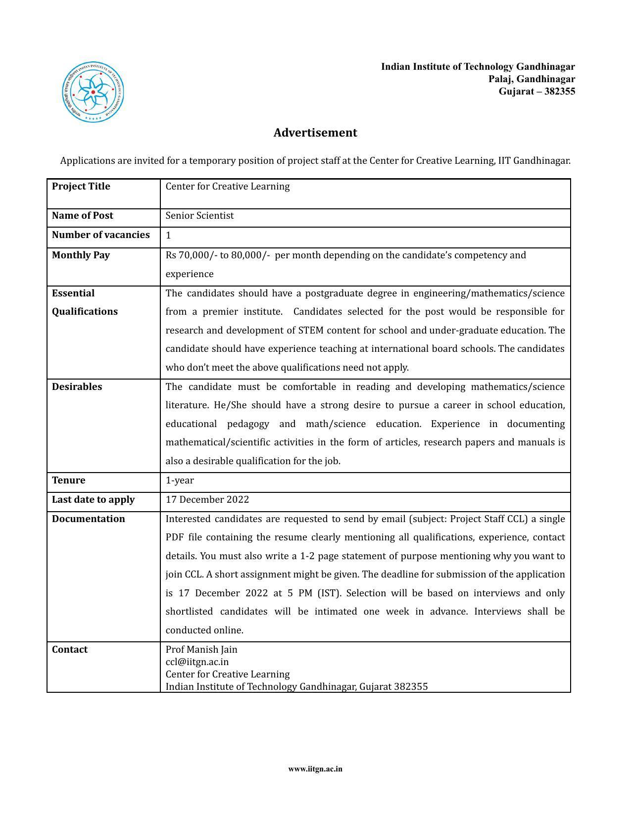 IIT Gandhinagar Invites Application for Senior Scientist Recruitment 2022 - Page 1