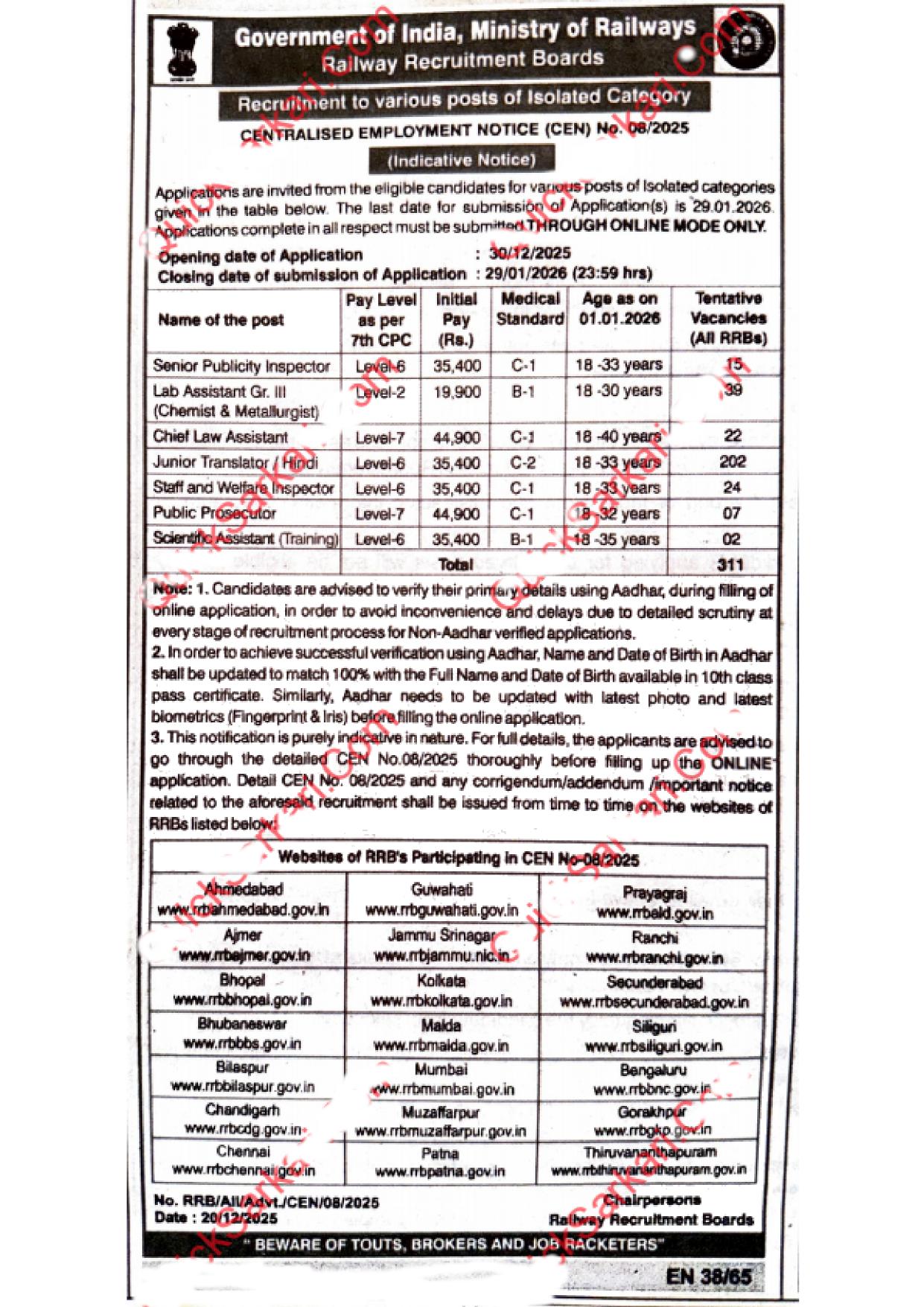 Railway Recruitment Board (RRB) Junior Translator and Various Posts Recruitment 2025 - Page 1