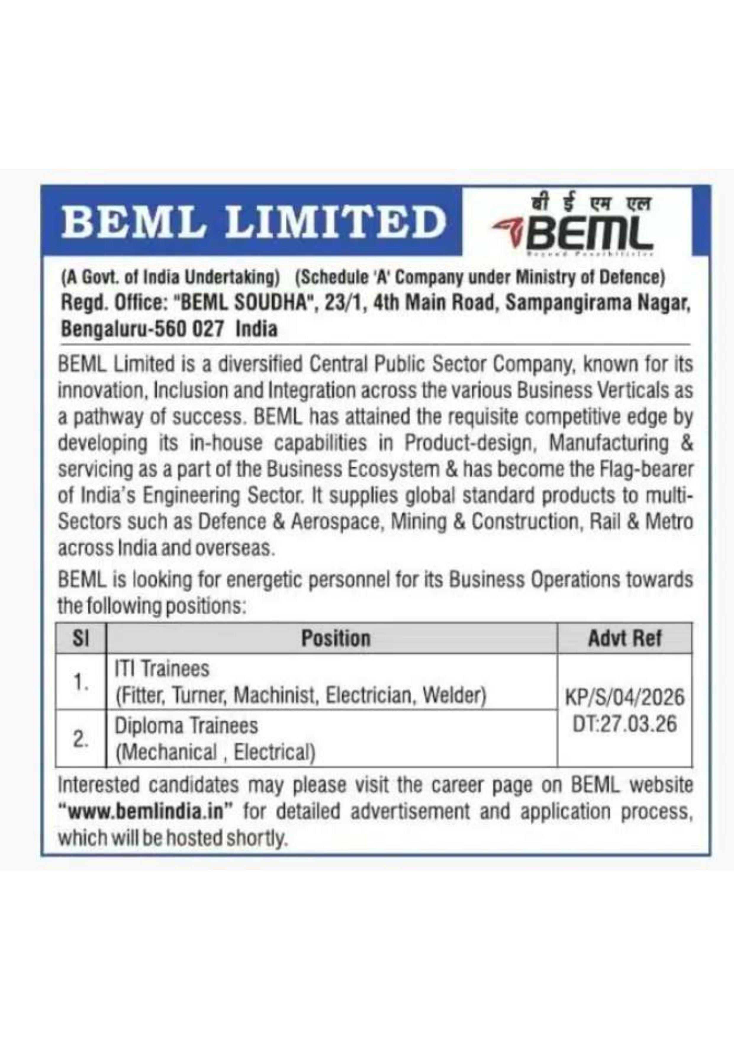 BEML Recruitment 2026 for ITI and Diploma Trainees – Apply Online @ bemlindia.in - Page 1