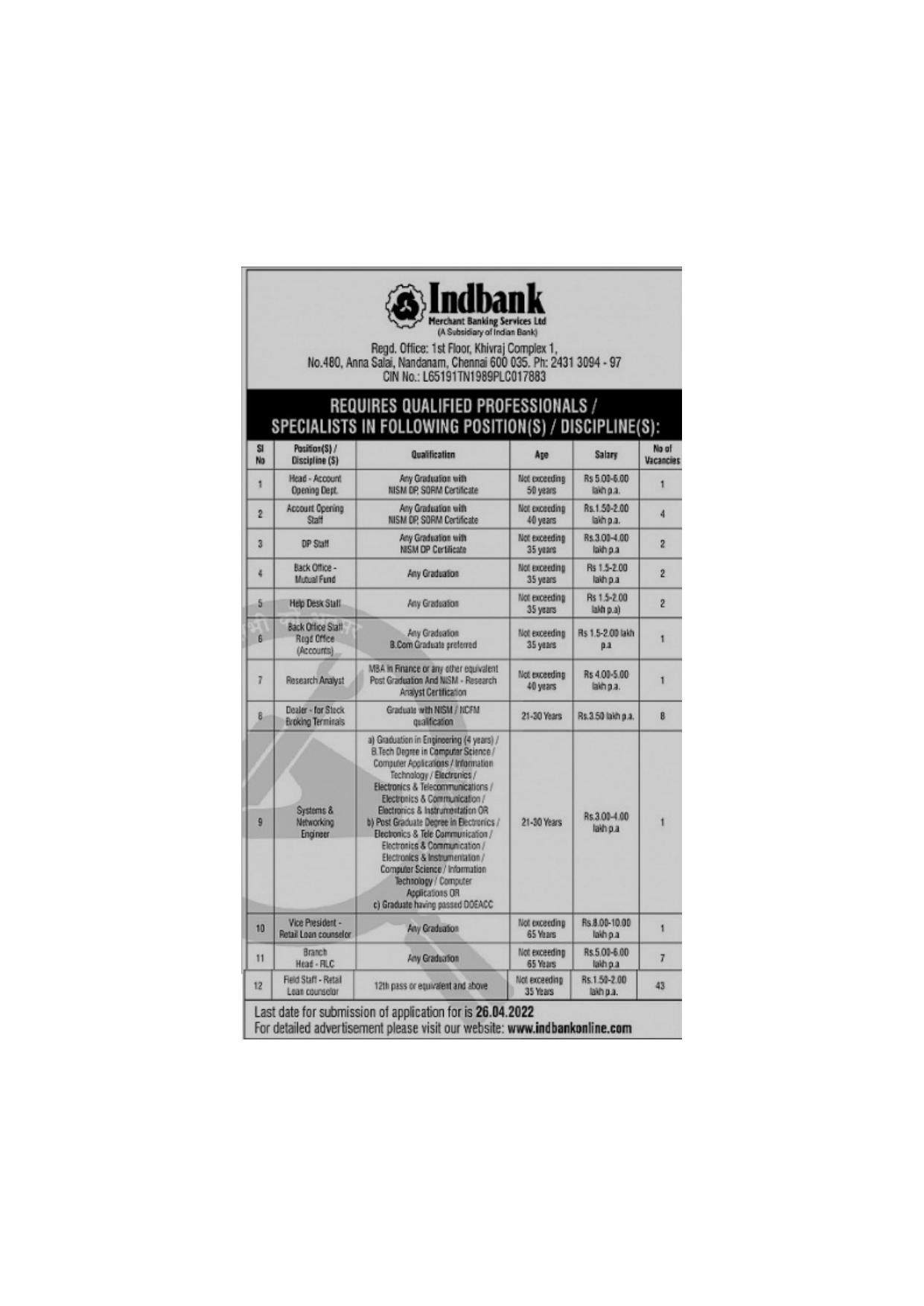 Indbank Merchant Banking Services Ltd (Indbank) Recruitment 2022 - Page 1
