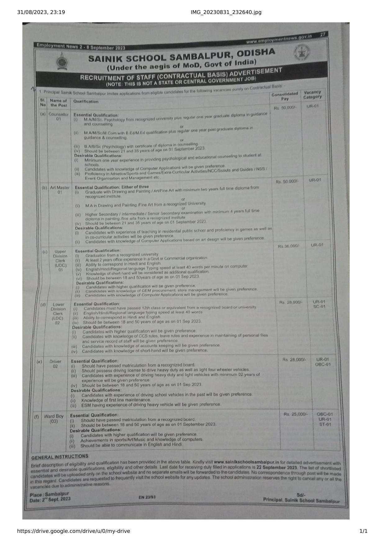 Sainik School Sambalpur Ward Boy, LDC, UDC and Various Posts Recruitment 2023 - Page 1