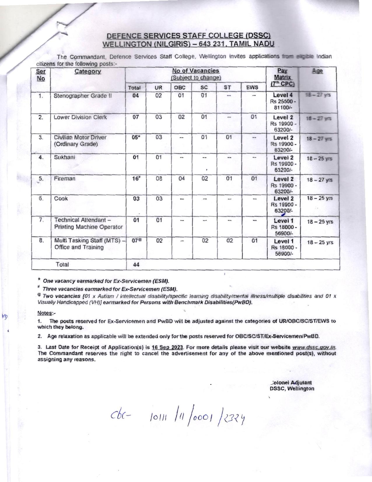 DSSC Stenographer, Fireman and Various Posts Recruitment 2023 - Page 1