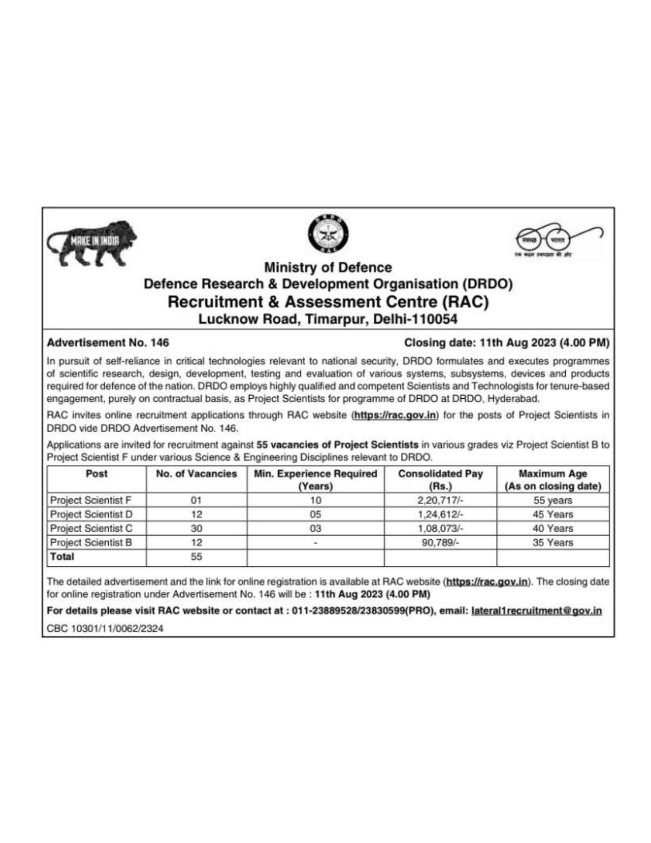 DRDO Recruitment and Assessment Centre (RAC) Project Scientist Recruitment 2023 - Page 1