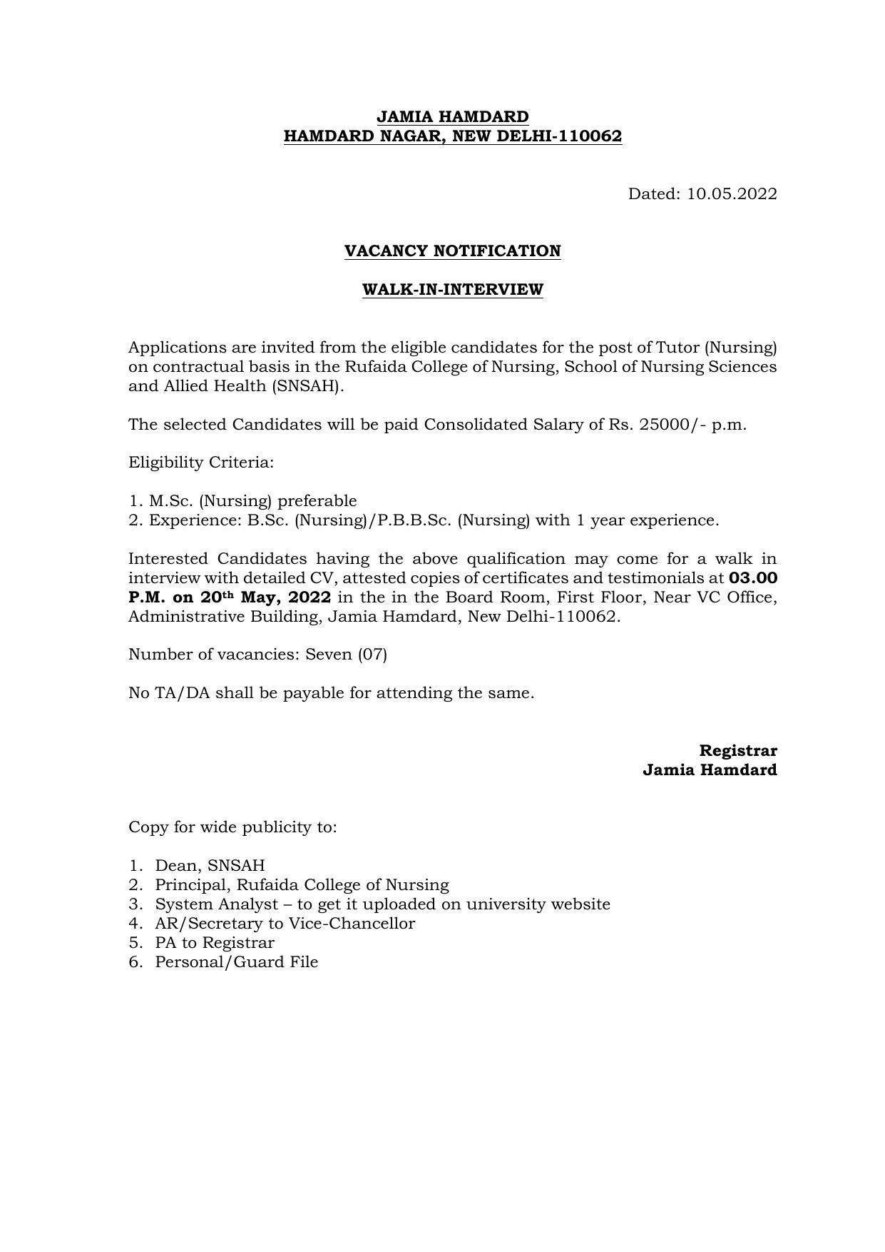 Jamia Hamdard Invites Application for 7 Tutor Recruitment 2022 - Page 1