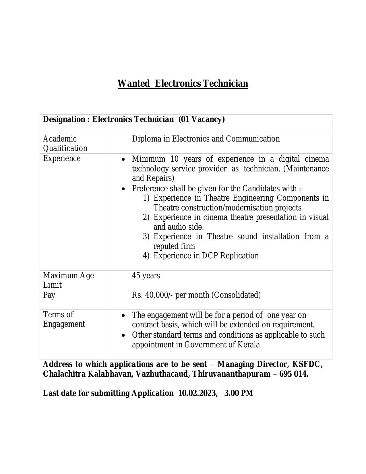 Kerala State Film Development Corporation (KSFDC) Invites Application for Electronics Technician Recruitment 2023 - Page 2
