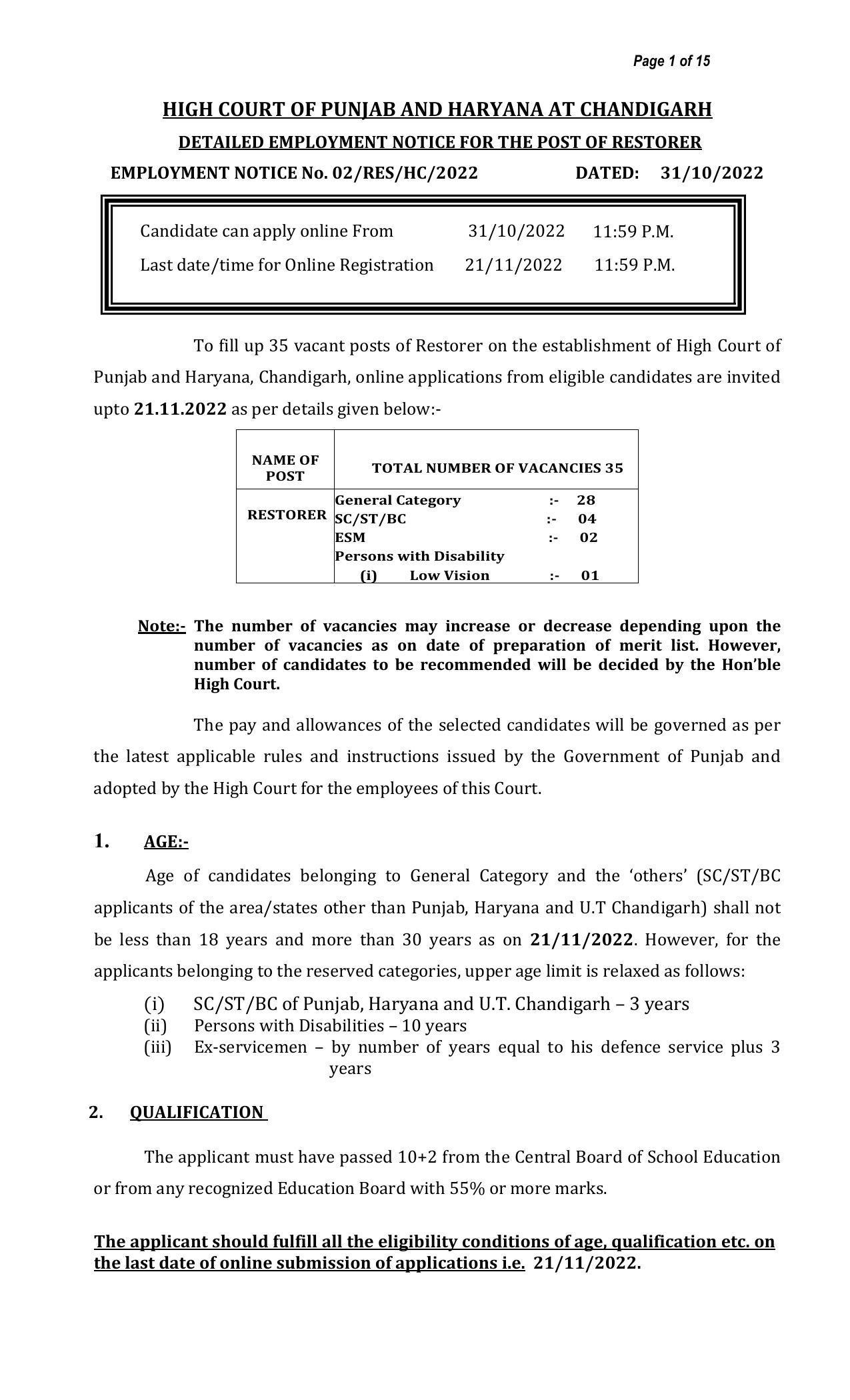 High Court of Punjab and Haryana Invites Application for 35 Restorer Recruitment 2022 - Page 1