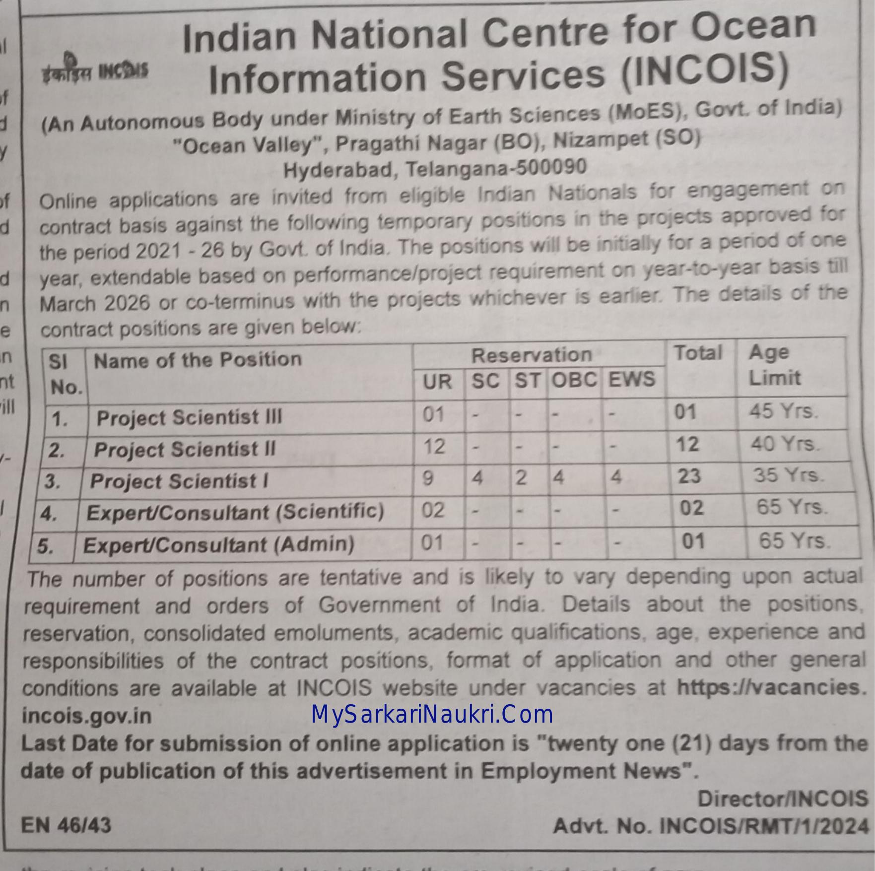 INCOIS Project Scientist and Various Posts Recruitment 2024 - Page 1