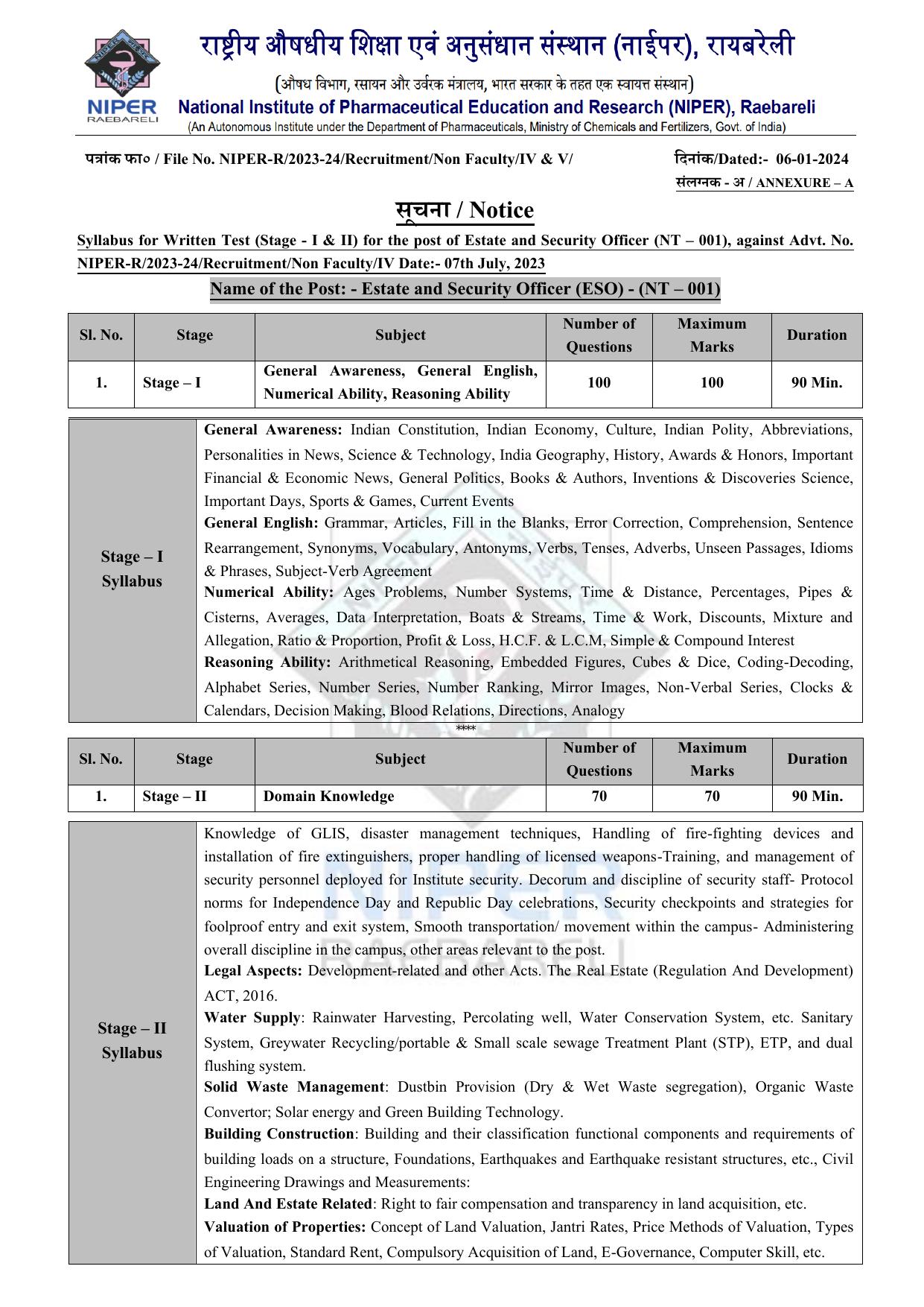 NIPER Raebareli Syllabus - Page 1