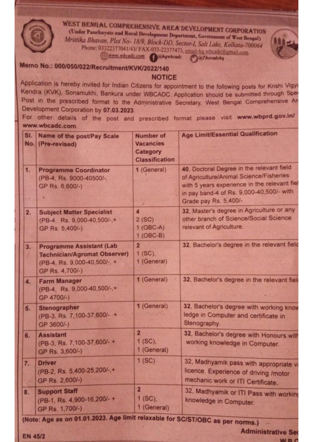 WBCADC Assistant, Stenographer and Various Posts Recruitment 2023 - Page 1
