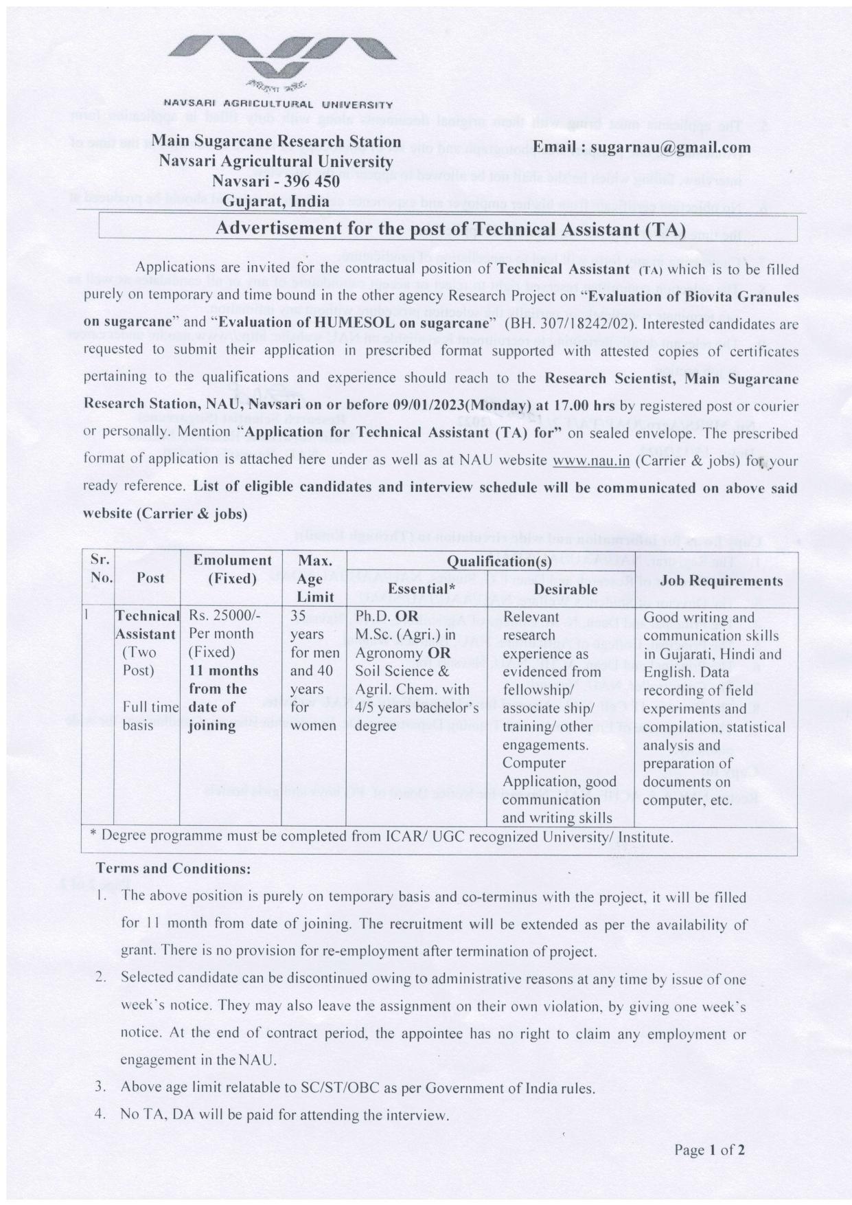 Navsari Agricultural University (NAU) Invites Application for Technical Assistant Recruitment 2022 - Page 3
