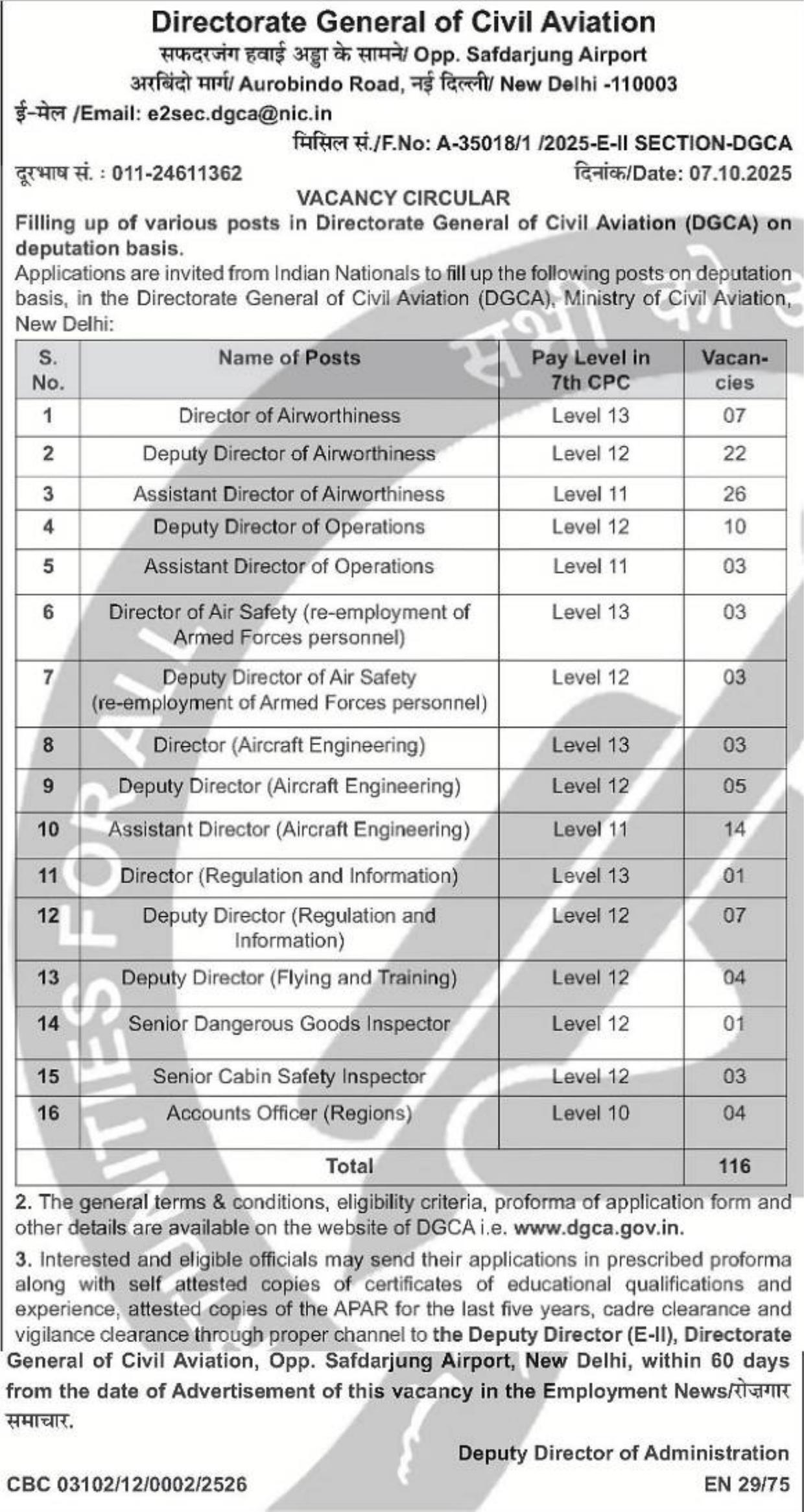 Directorate General of Civil Aviation (DGCA) 116 Deputy Director and Various Posts Recruitment 2025 - Page 1