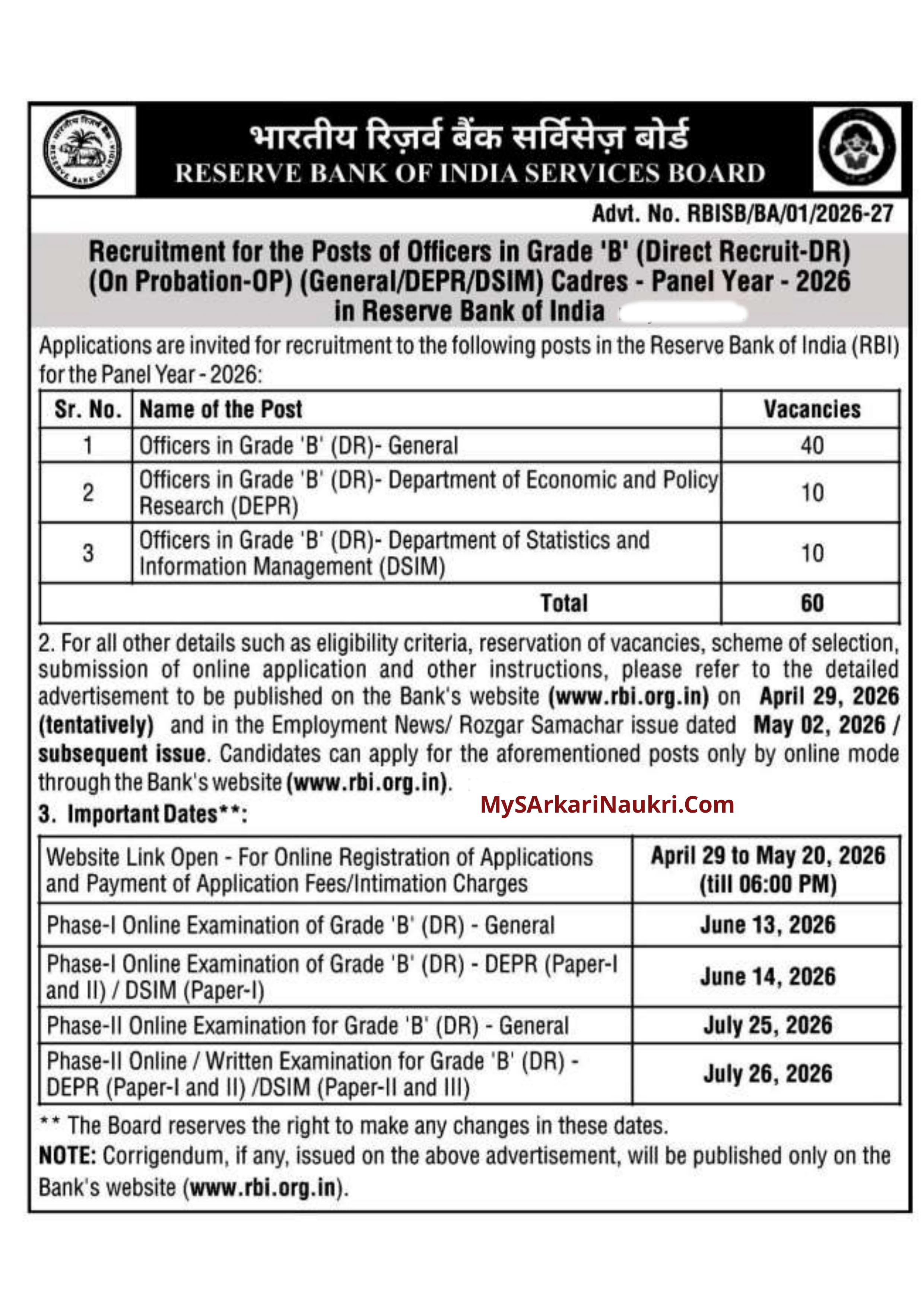 RBI Grade B Recruitment 2026: Notification Out for 60 Posts, Apply Online - Page 1