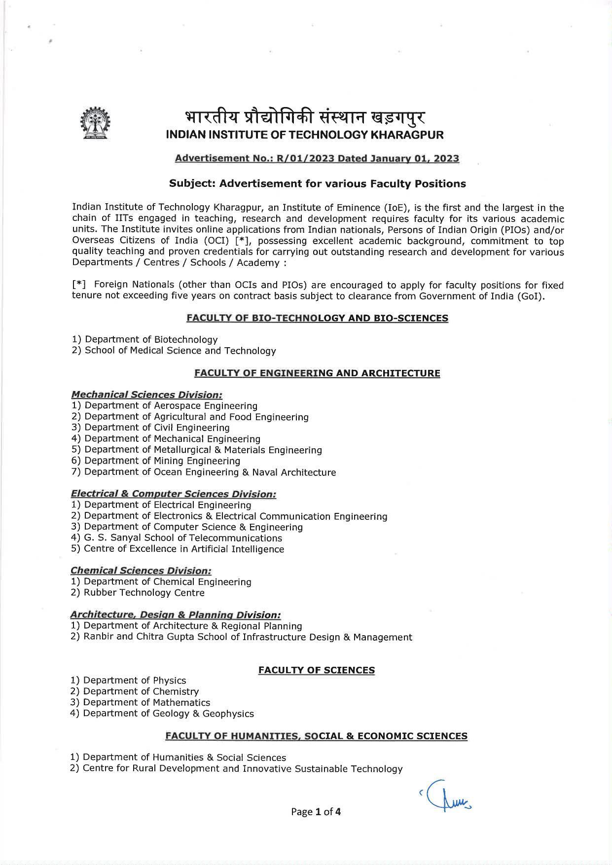 IIT Kharagpur Invites Application for Professor, Associate Professor, More Vacancies Recruitment 2023 - Page 1
