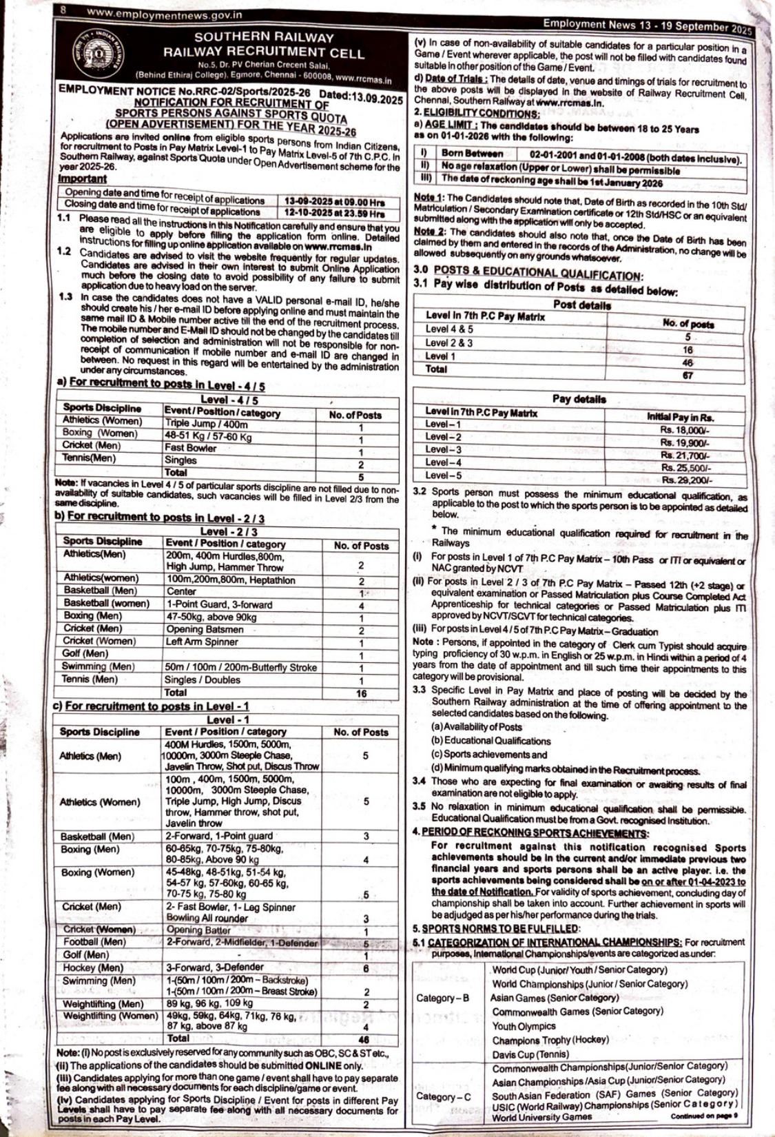 Southern Railway 67 Sports Person Recruitment 2025 - Page 1