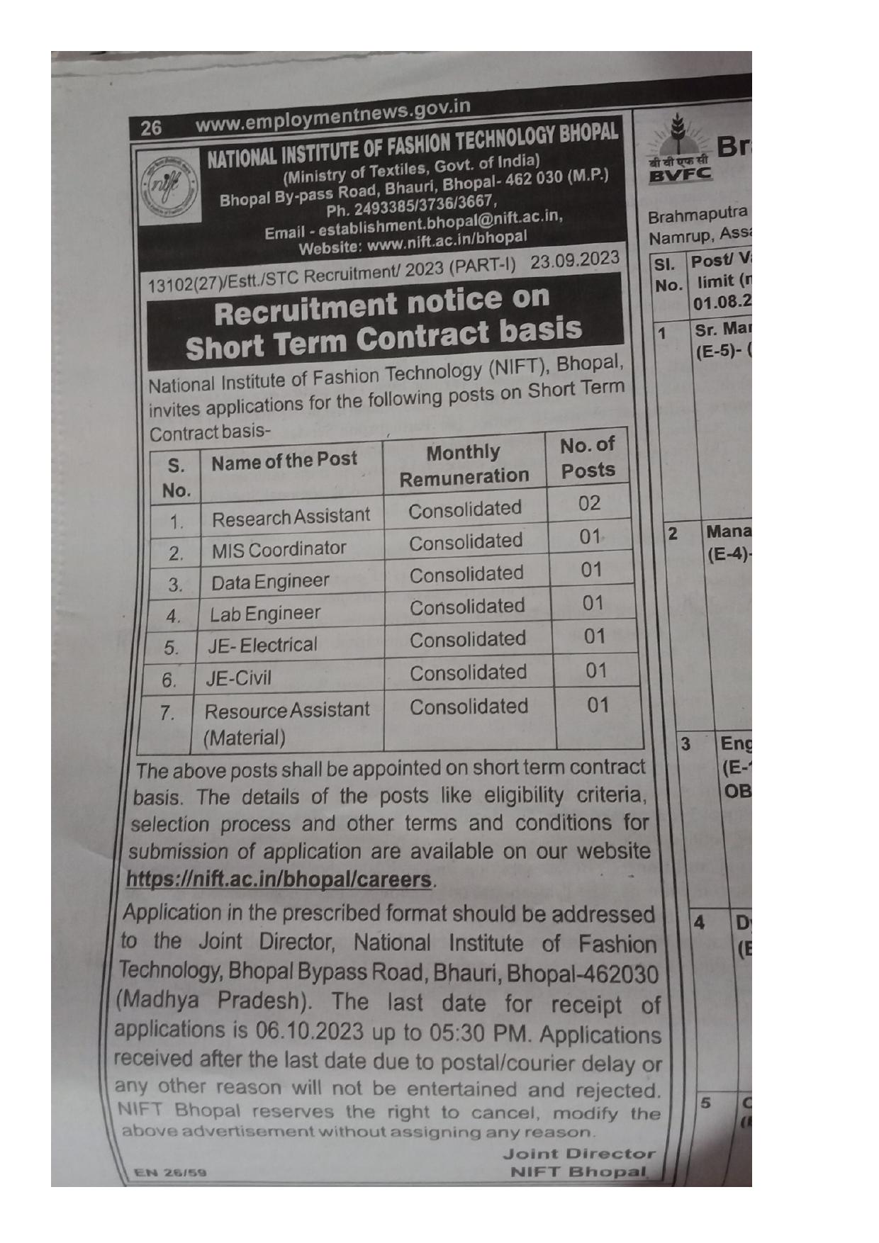 NIFT Bhopal Data Engineer and Various Posts Recruitment 2023 - Page 1