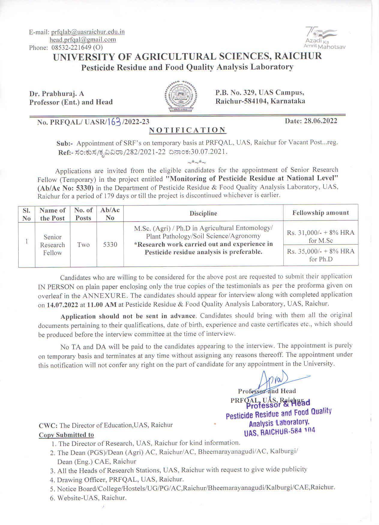 UAS Raichur Invites Application for Senior Research Fellow Recruitment 2022 - Page 2