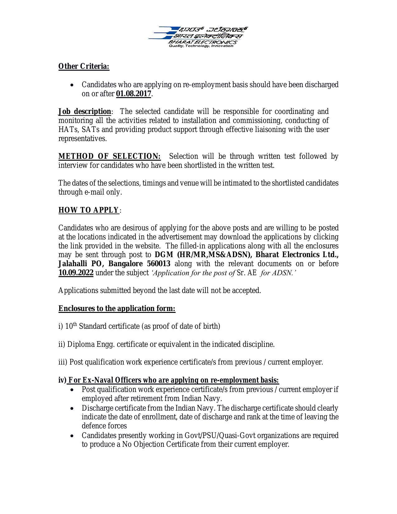 Bharat Electronics Limited (BEL) Invites Application for 6 Senior Assistant Engineer-I Recruitment 2022 - Page 1