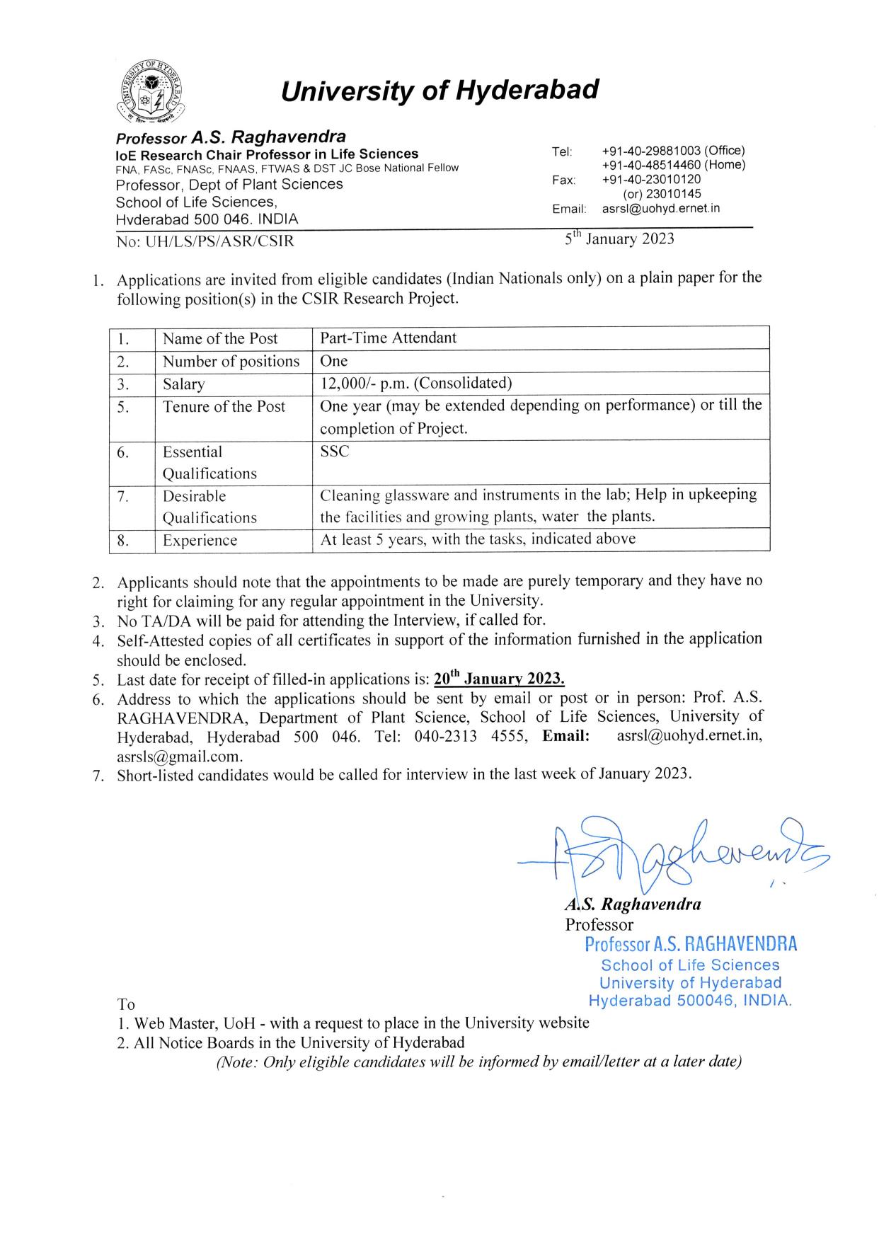 University of Hyderabad (UoH) Invites Application for Part Time Attendant Recruitment 2023 - Page 1