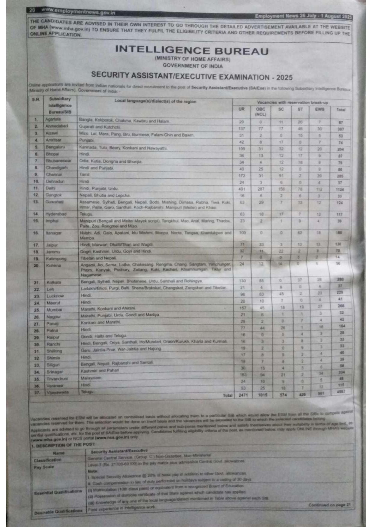 Intelligence Bureau (IB) Security Assistant/Executive Recruitment 2025 - Page 1