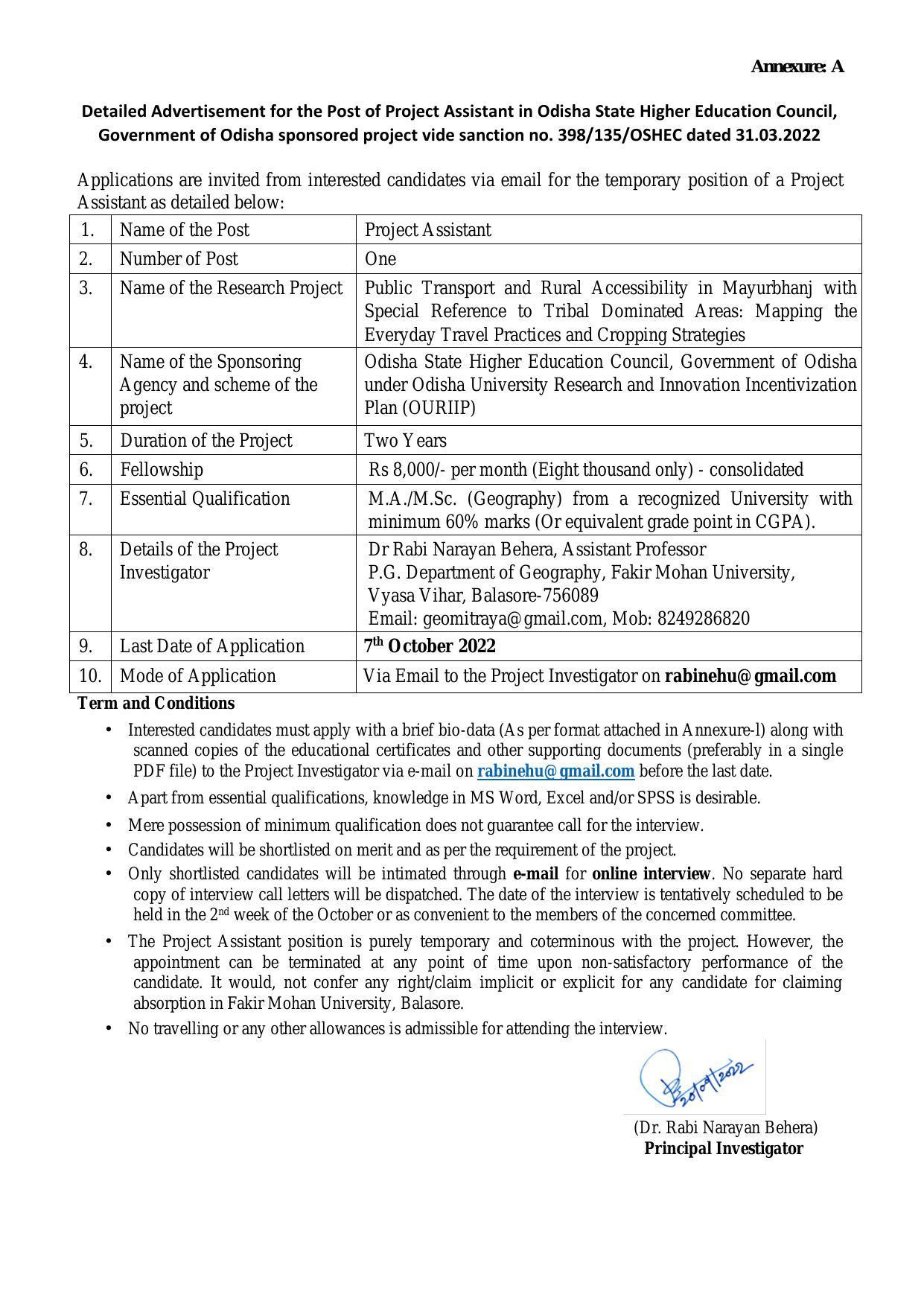 Fakir Mohan University Invites Application for Project Assistant (PA) Recruitment 2022 - Page 1