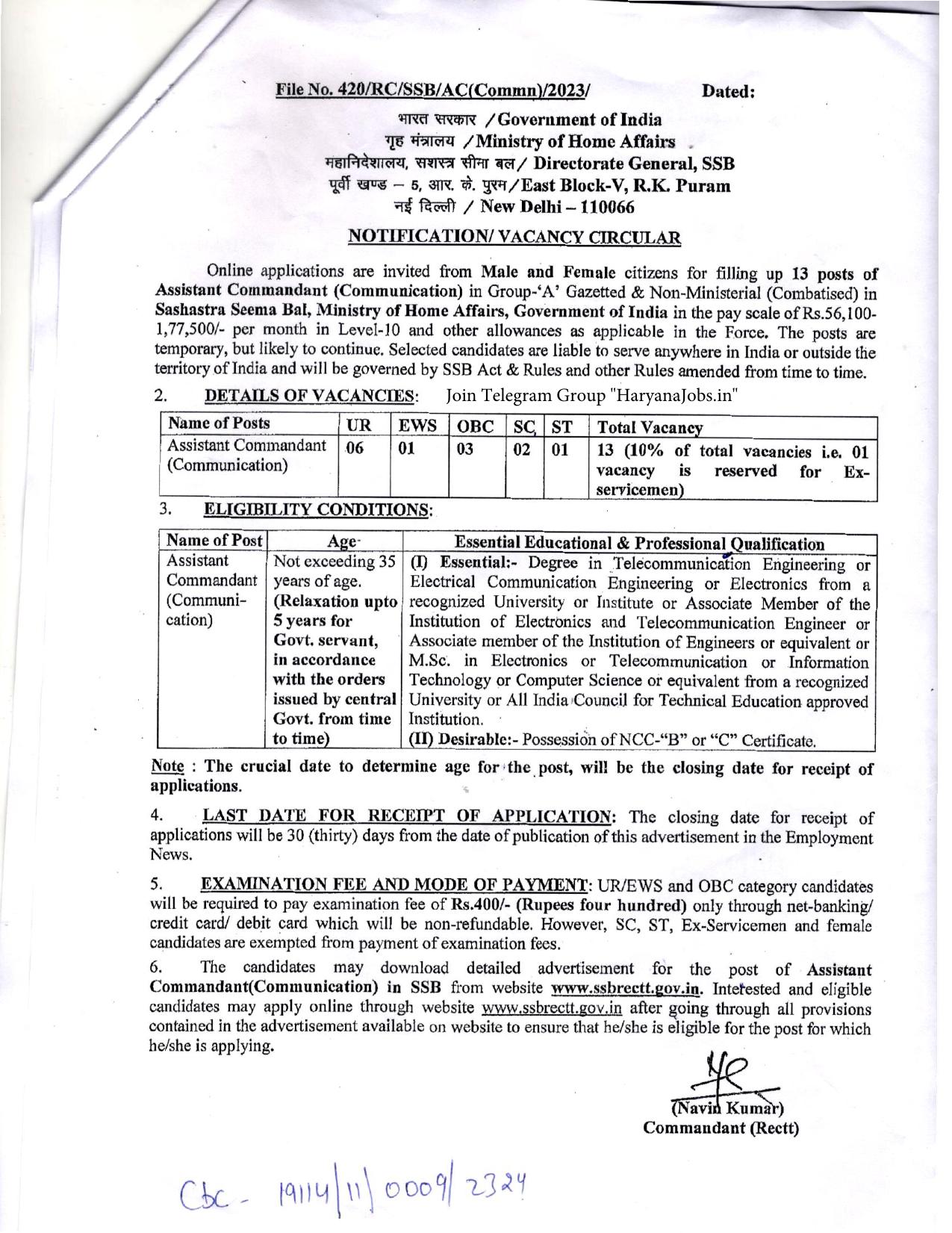 SSB Assistant Commandant Recruitment 2023 - Page 1