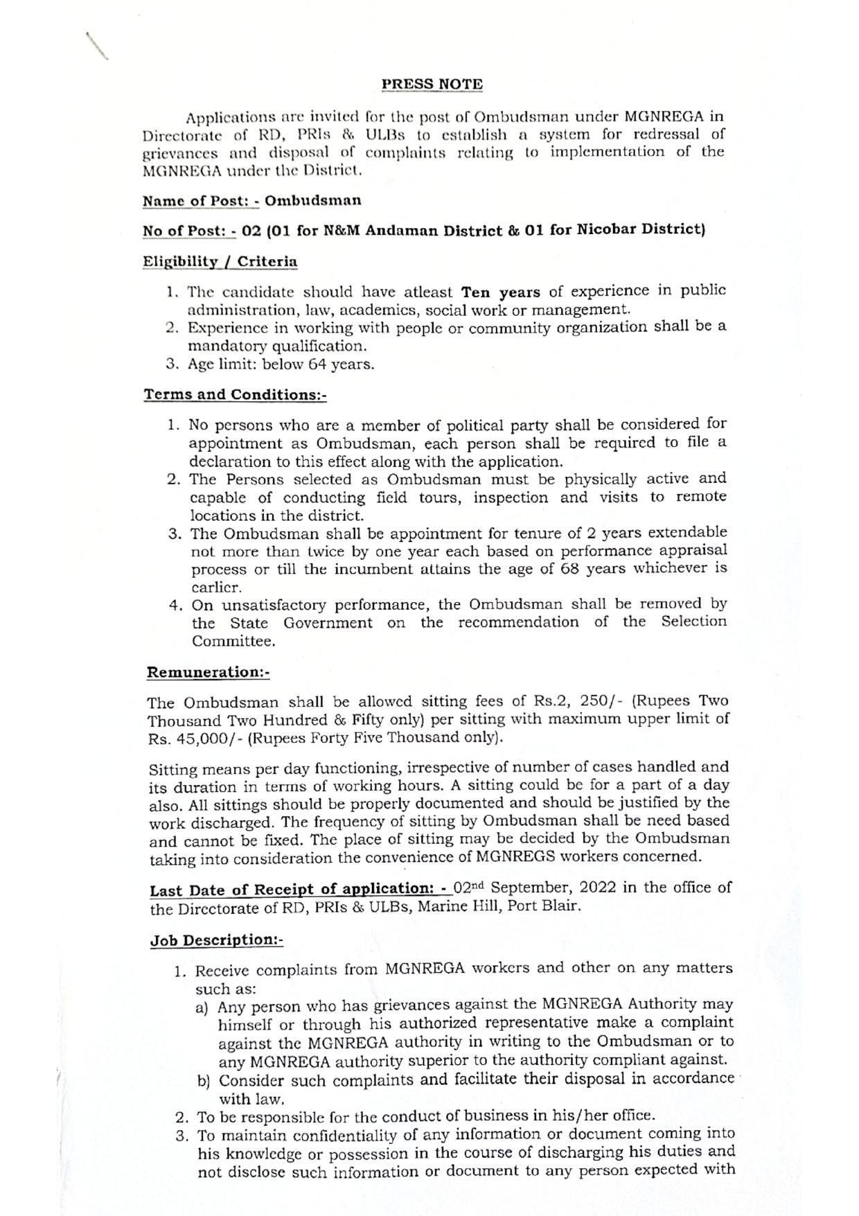 Andaman & Nicobar Administration Invites Application for Ombudsman Recruitment 2022 - Page 1