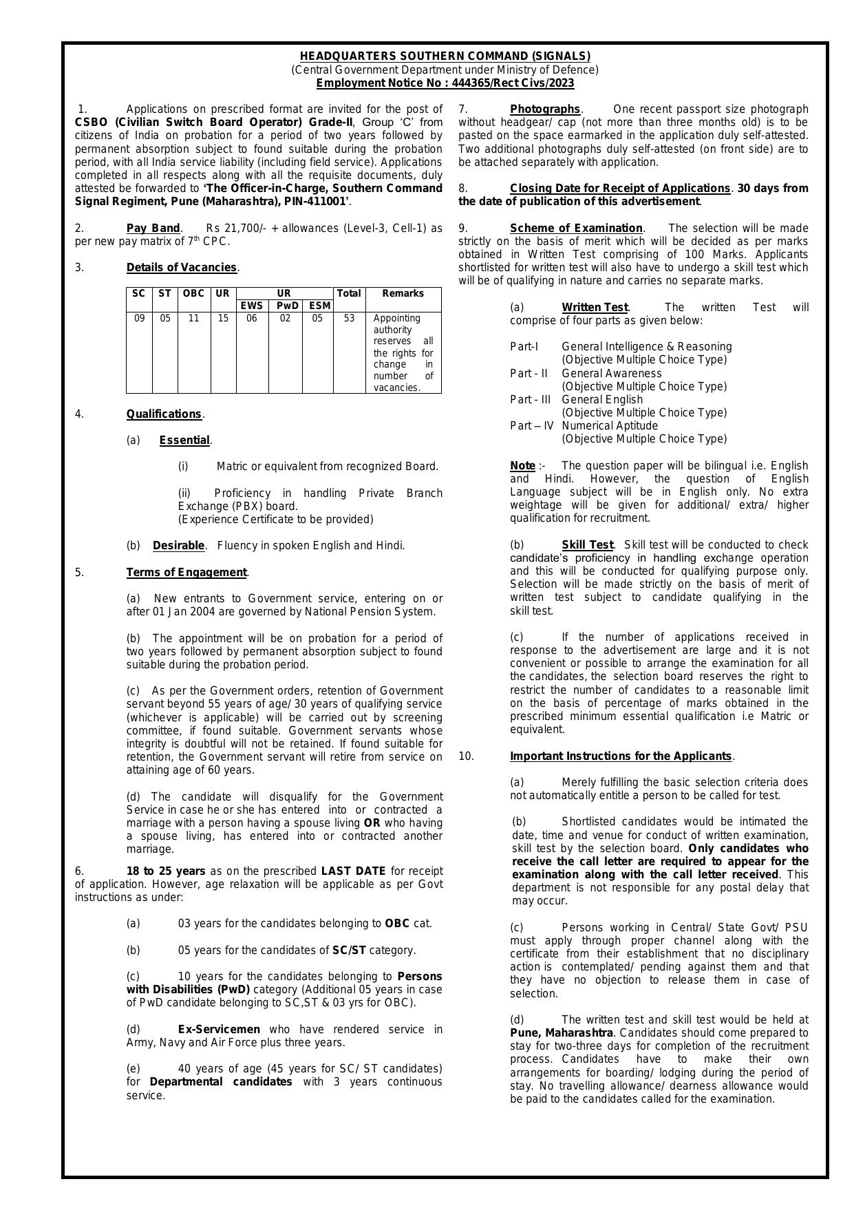 Army HQ Southern Command Civilian 53 Switch Board Operator (CSBO) Recruitment 2023 - Page 2