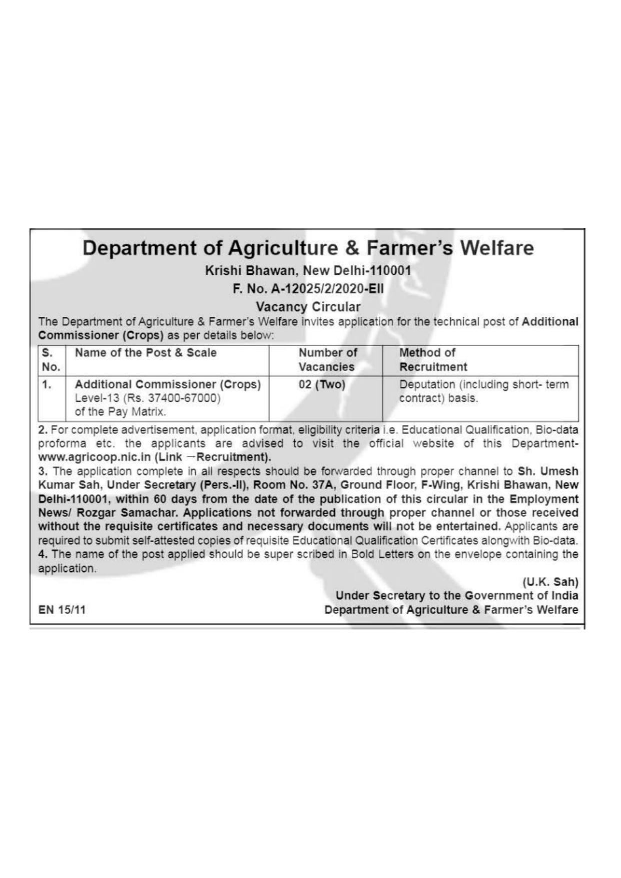 Department of Agriculture and Cooperation Invites Application for Additional Commissioner Recruitment 2022 - Page 1