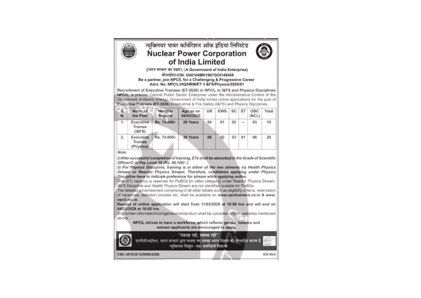 NPCIL Executive Trainee Recruitment 2026 - Apply Online for 30 Posts, Eligibility, Salary, Last Date - Page 1