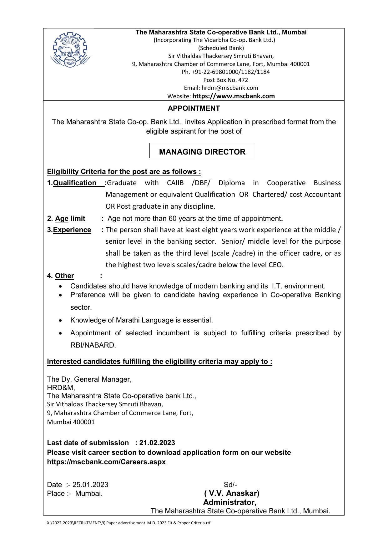 MSC Bank Invites Application for Managing Director Recruitment 2023 - Page 1