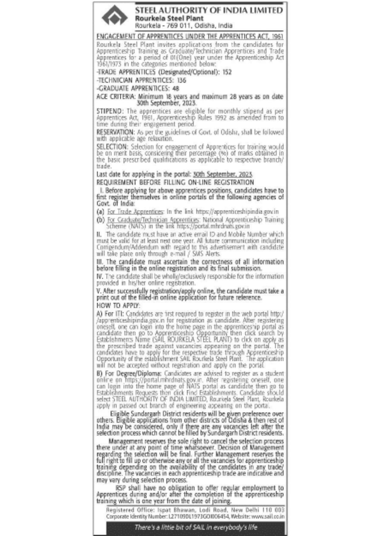 Rourkela Steel Plant Apprentice Recruitment 2023 - Page 1