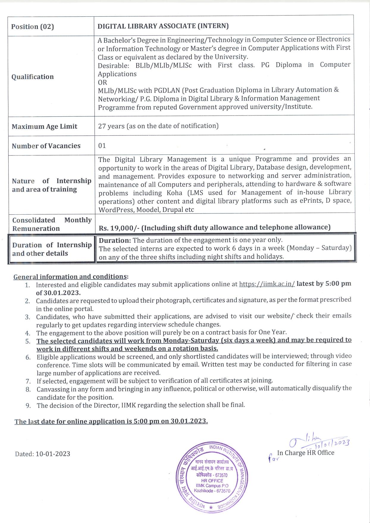 Indian Institute of Management Kozhikode Invites Application for Library and Information Associate, Digital Library Associate Recruitment 2023 - Page 1
