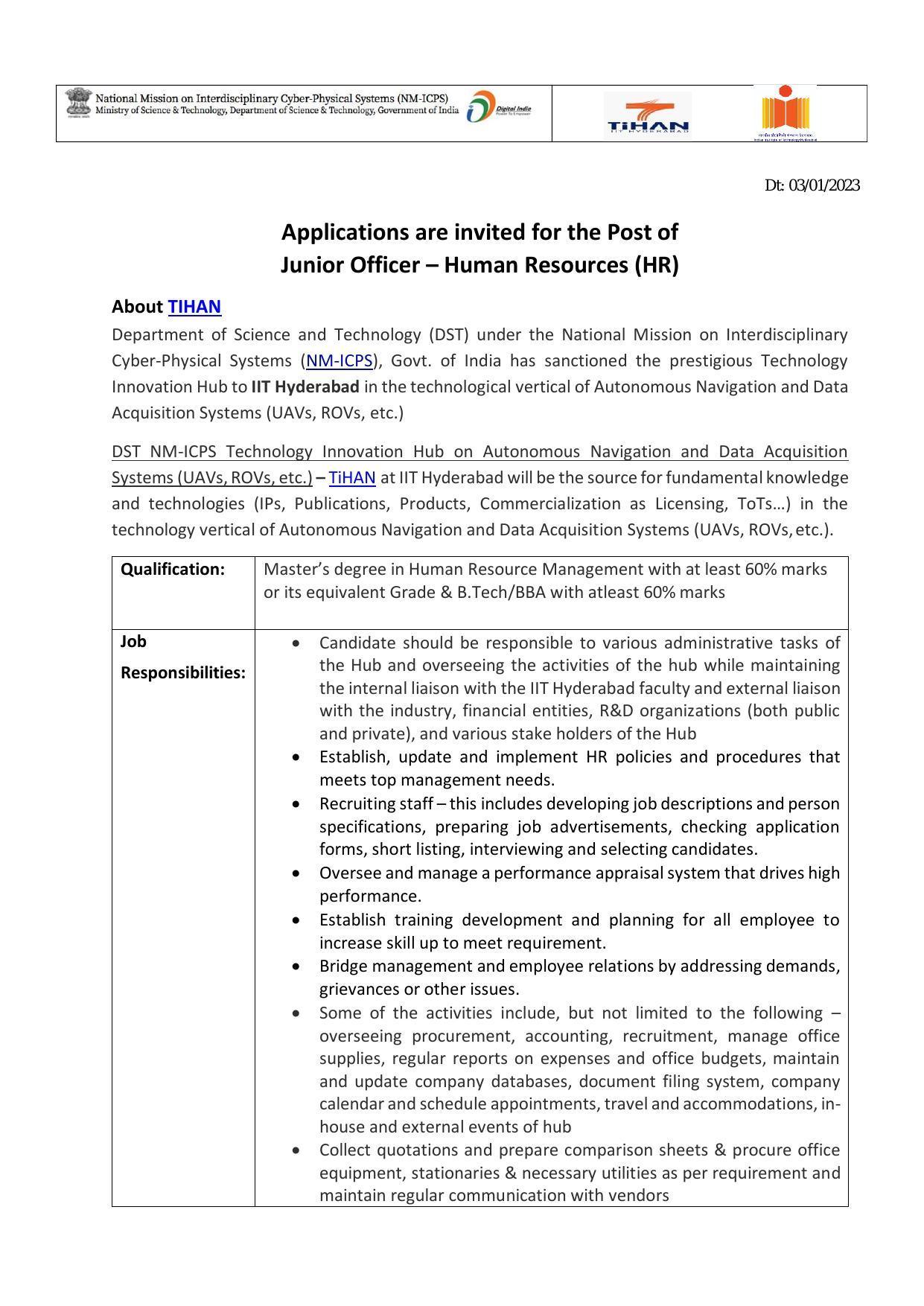 Indian Institute of Technology Hyderabad (IIT Hyderabad) Invites Application for Junior Officer Recruitment 2023 - Page 2