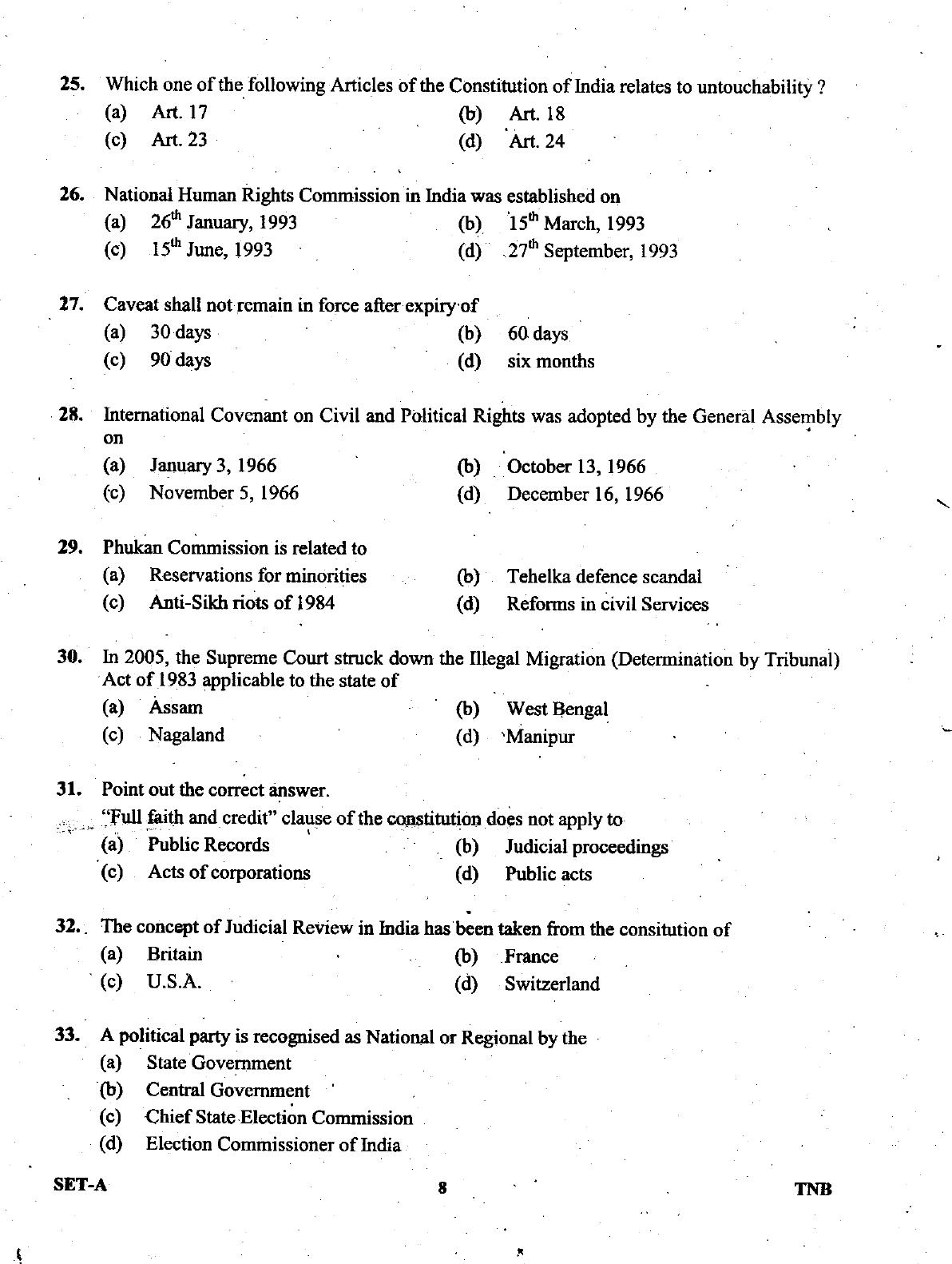 Uttarakhand Judicial Service Civil Judge (Junior Division) Exam-2008 -  Pre Examination - Page 8