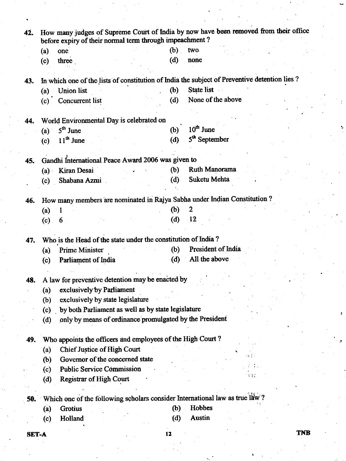 Uttarakhand Judicial Service Civil Judge (Junior Division) Exam-2008 -  Pre Examination - Page 12