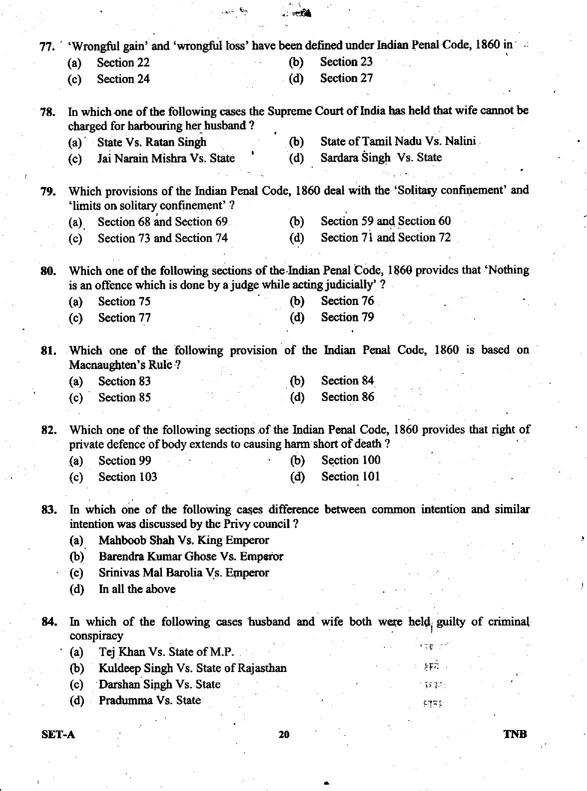 Uttarakhand Judicial Service Civil Judge (Junior Division) Exam-2008 -  Pre Examination - Page 20