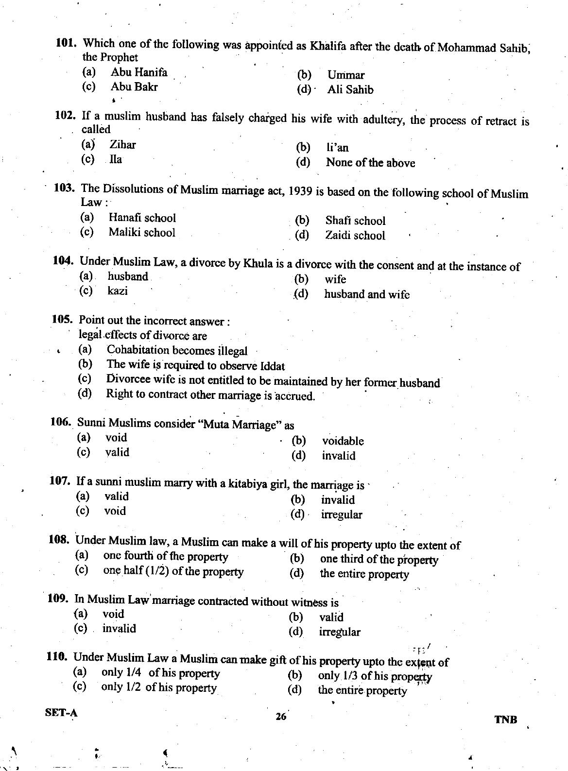 Uttarakhand Judicial Service Civil Judge (Junior Division) Exam-2008 -  Pre Examination - Page 26