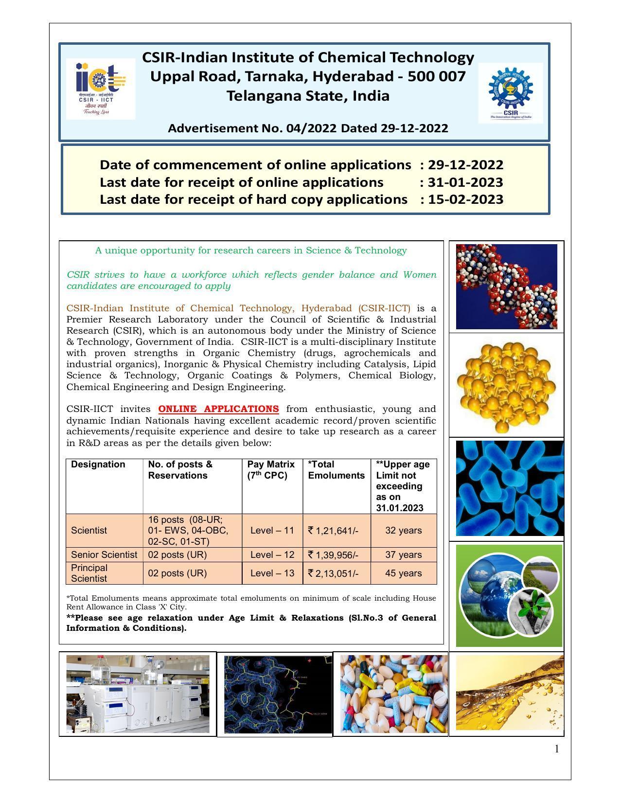 Indian Institute of Chemical Technology (IICT) Invites Application for 20 Scientist, Senior Scientist, Principal Scientist Recruitment 2023 - Page 1