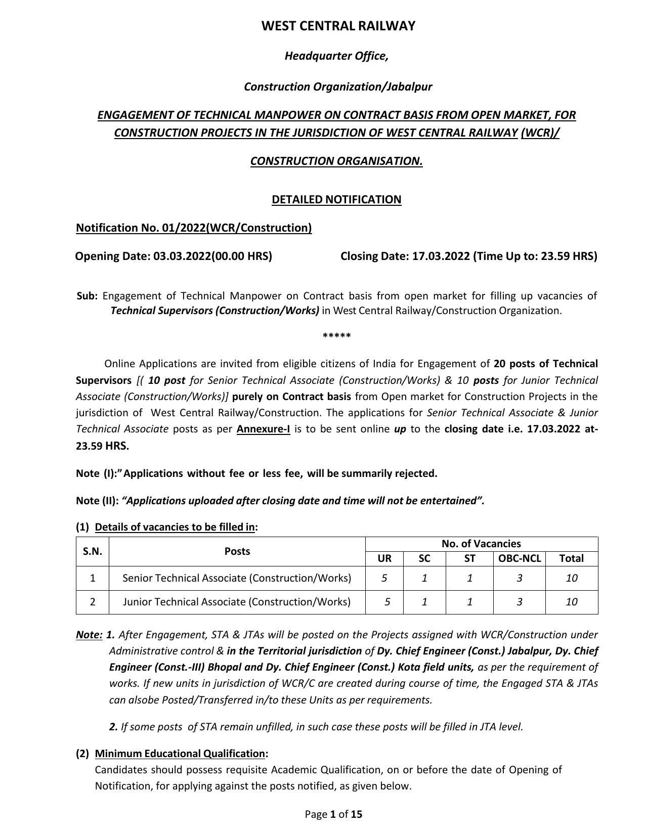 West Central Railway (WCR) Technical Supervisor Recruitment 2023 - Page 1