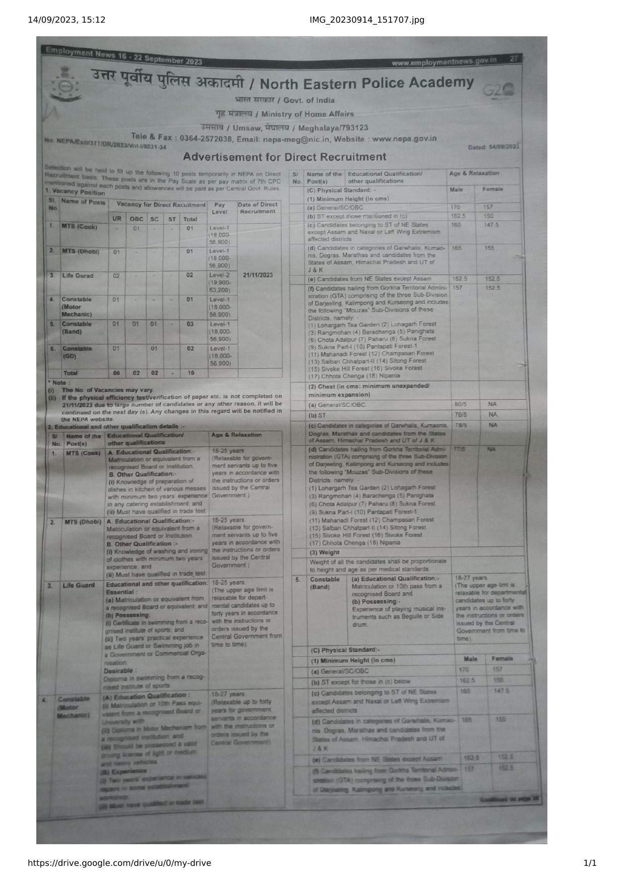 NEPA MTS, Life Guard, Constable Recruitment 2023 - Page 1