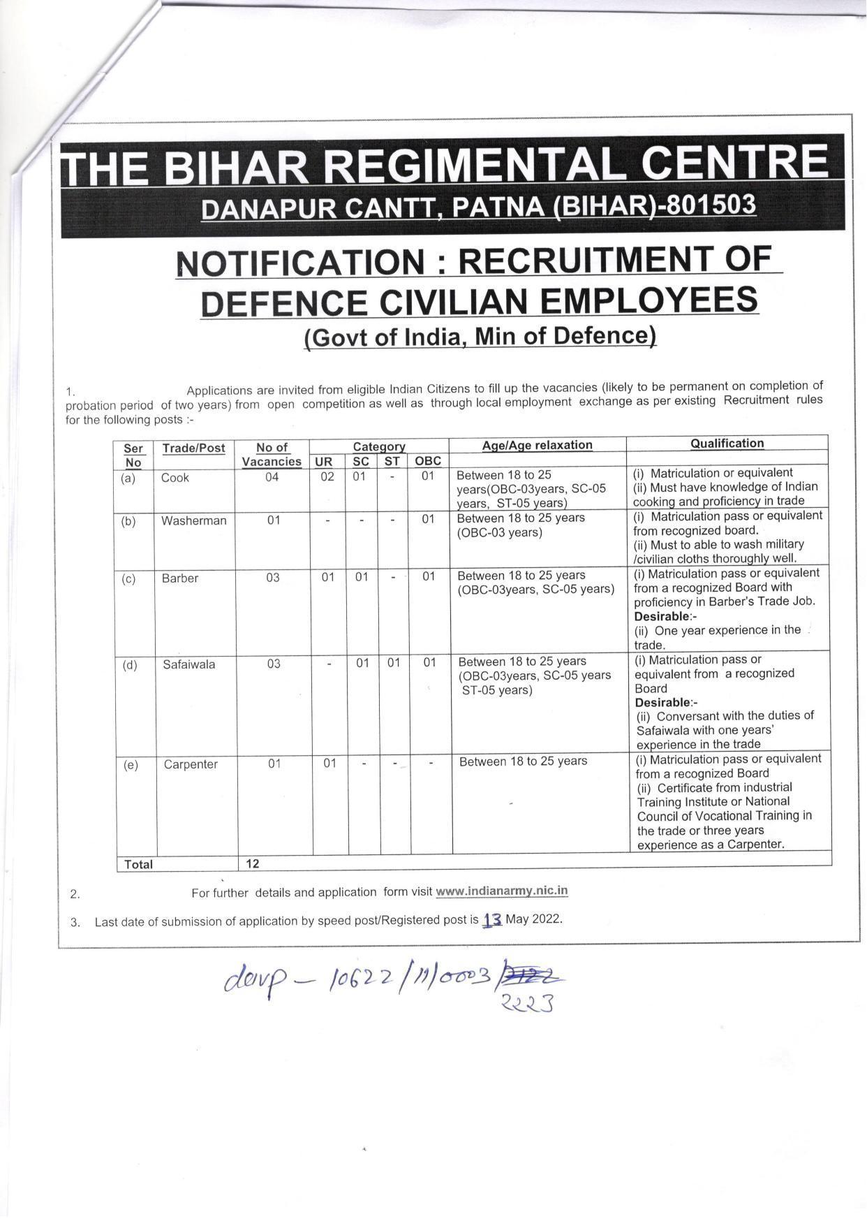 Bihar Regimental Centre Group C Vacancy 2022 - Page 1