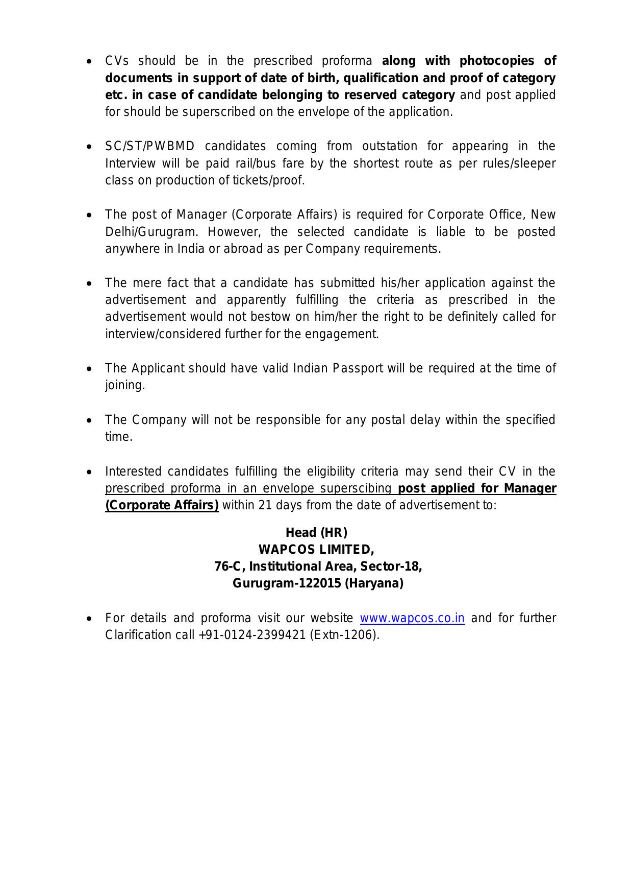 WAPCOS Limited Invites Application for Manager Recruitment 2023 - Page 1