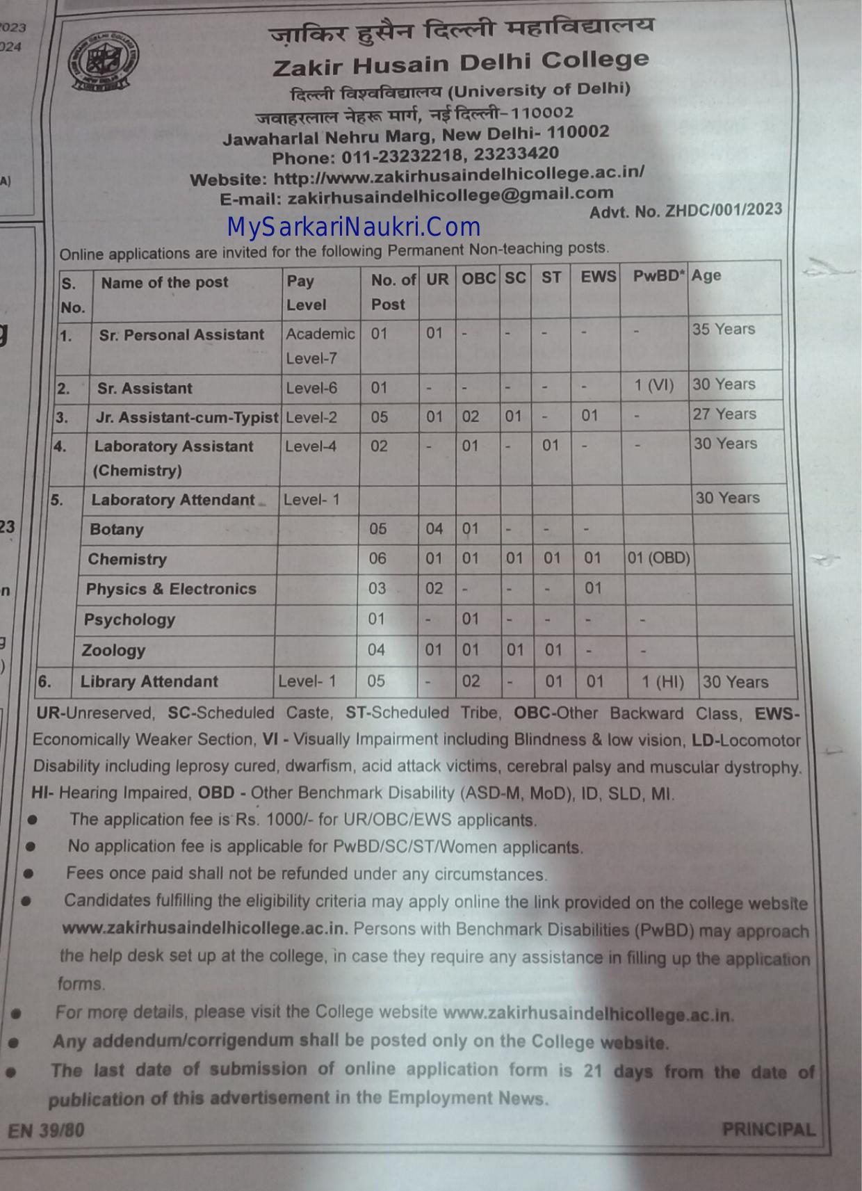 Zakir Husain Delhi College Senior Assistant and Various Posts Recruitment 2023 - Page 1