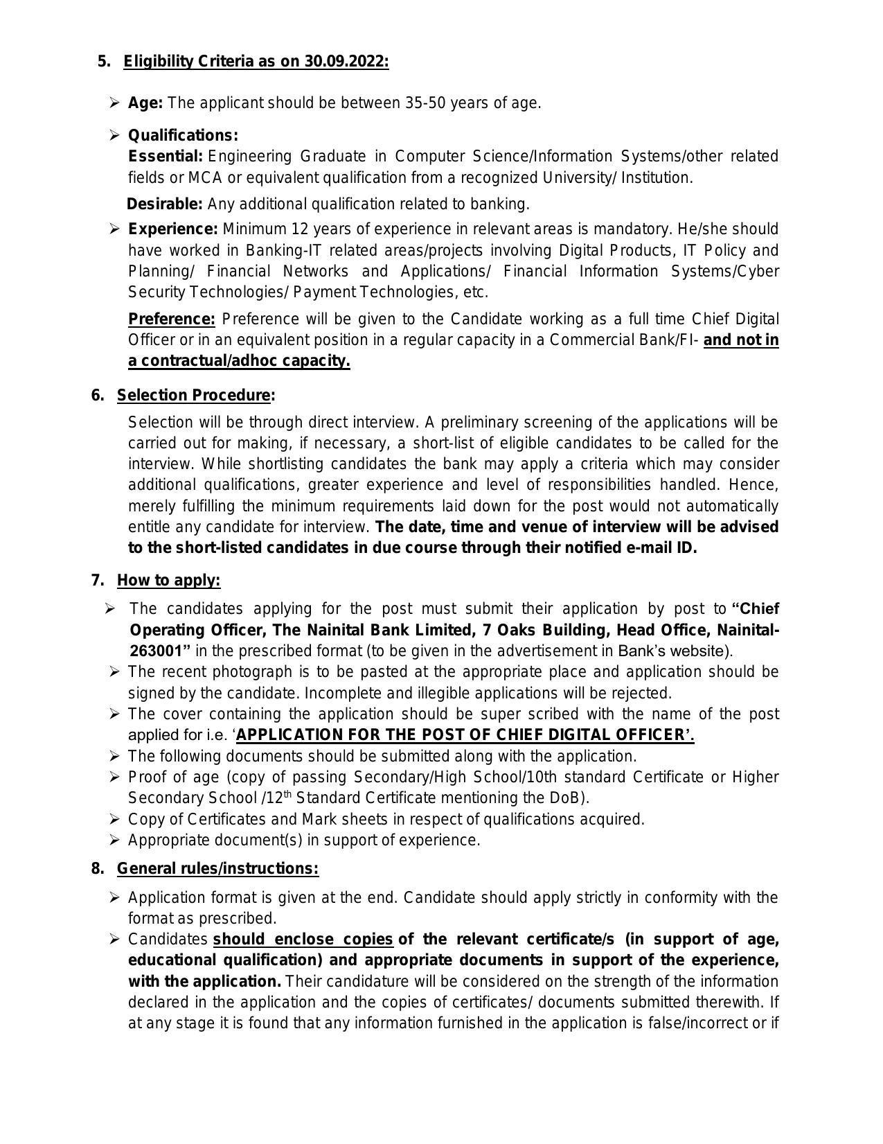 Nainital Bank Invites Application for Chief Digital Officer Recruitment