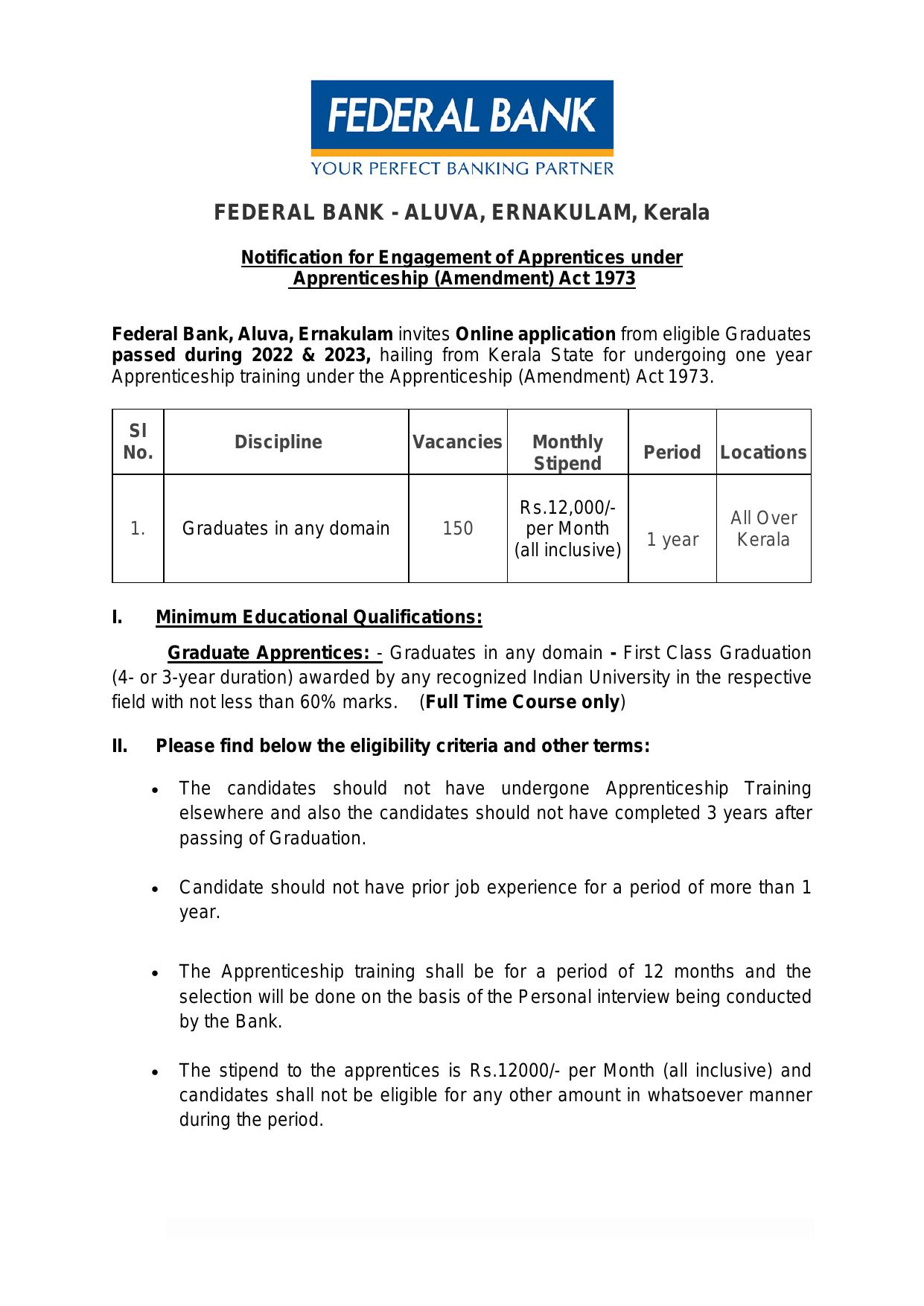 Federal Bank Recruitment For Graduate Apprentice - Page 1